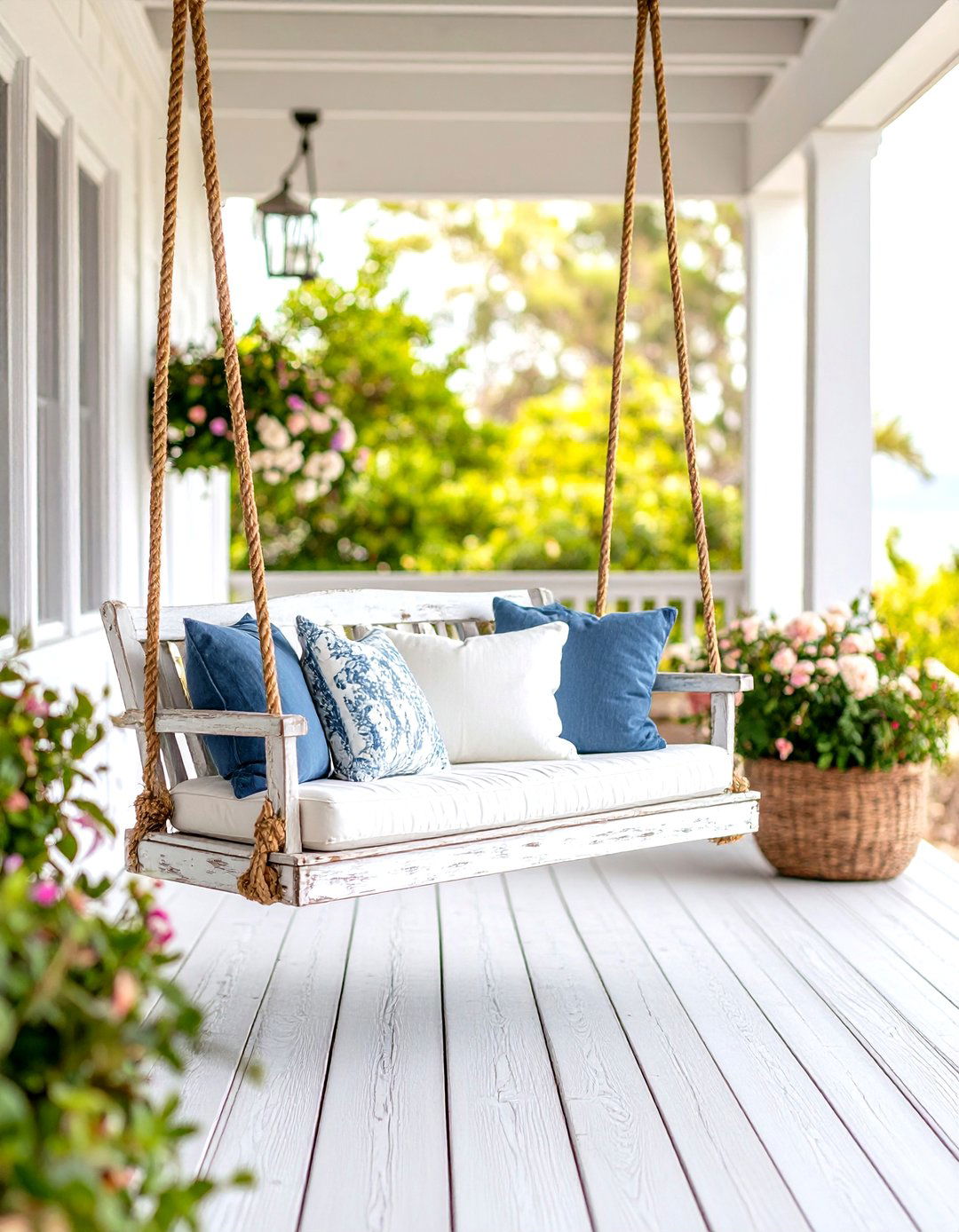 Coastal Style Porch Swing with Driftwood Finish - 24 Front Porch Swing Ideas