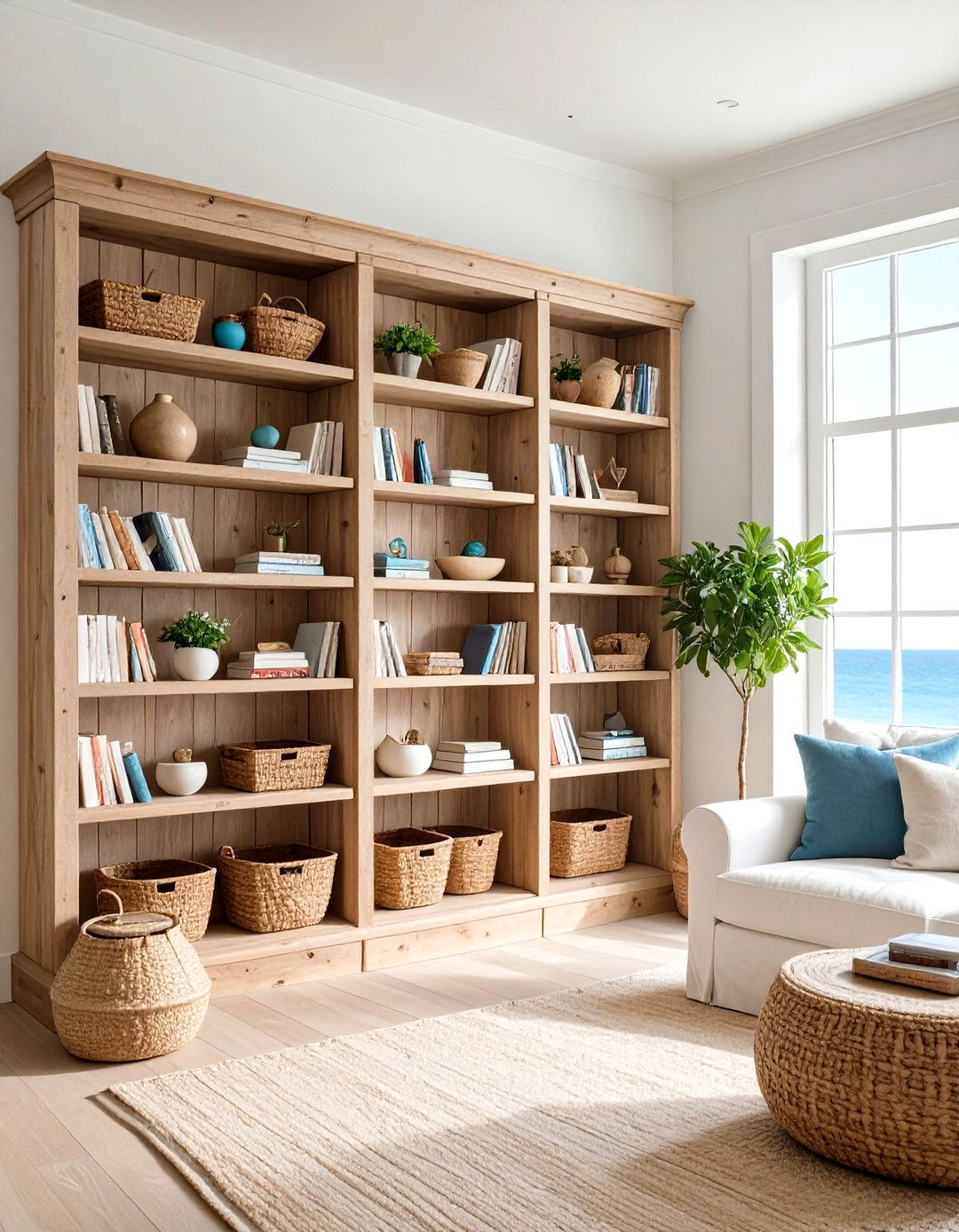 Coastal Style Weathered Wood Bookcase - 24 Bookcases Around Window Design Ideas