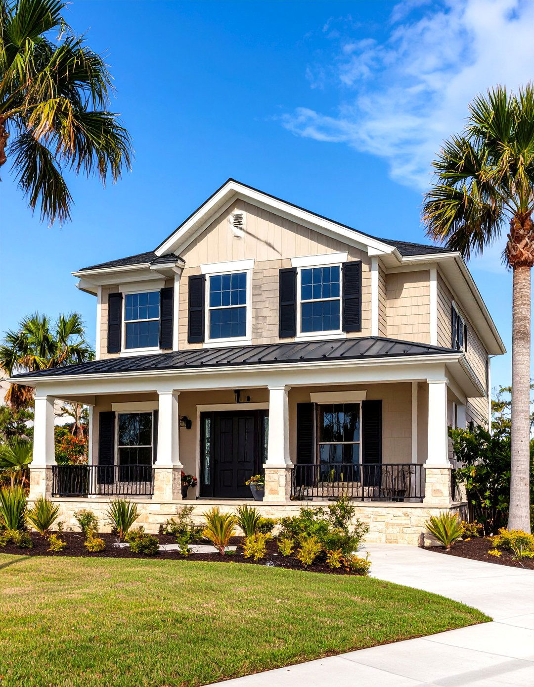 Coastal Style with Black Hurricane Shutters - 24 Tan House With Black Trim Design Ideas