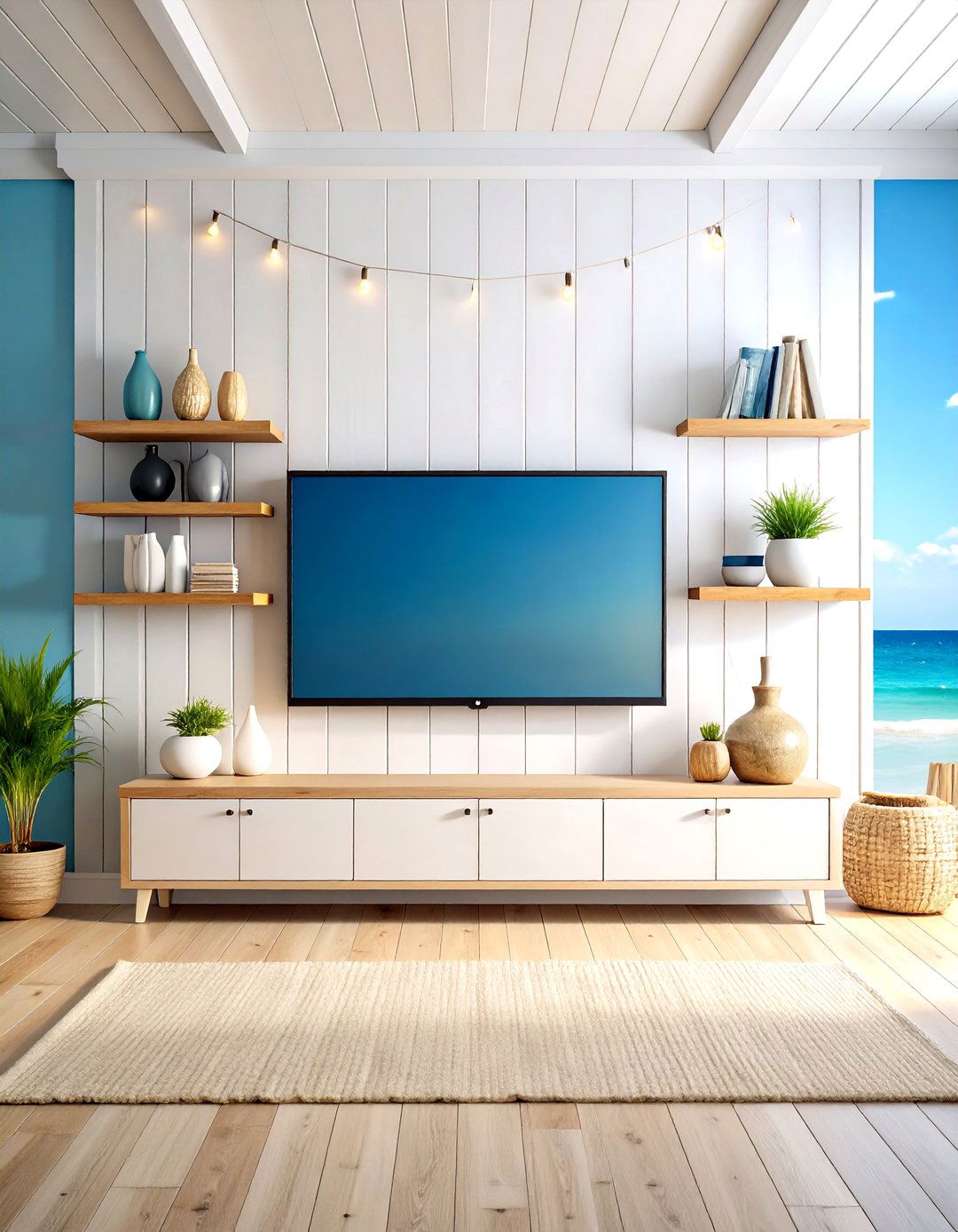 Coastal TV Wall with Shiplap and Beach Inspired Elements - 24 Tv Wall Ideas