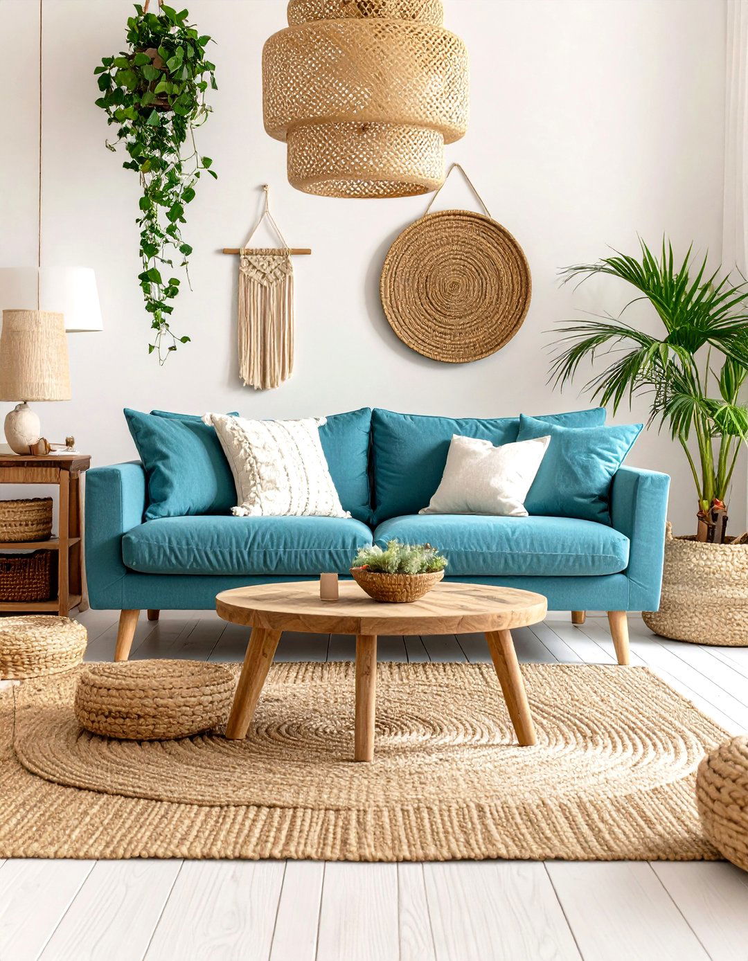 Coastal Teal Couch with Natural Textures - 24 Teal Couch Living Room Ideas