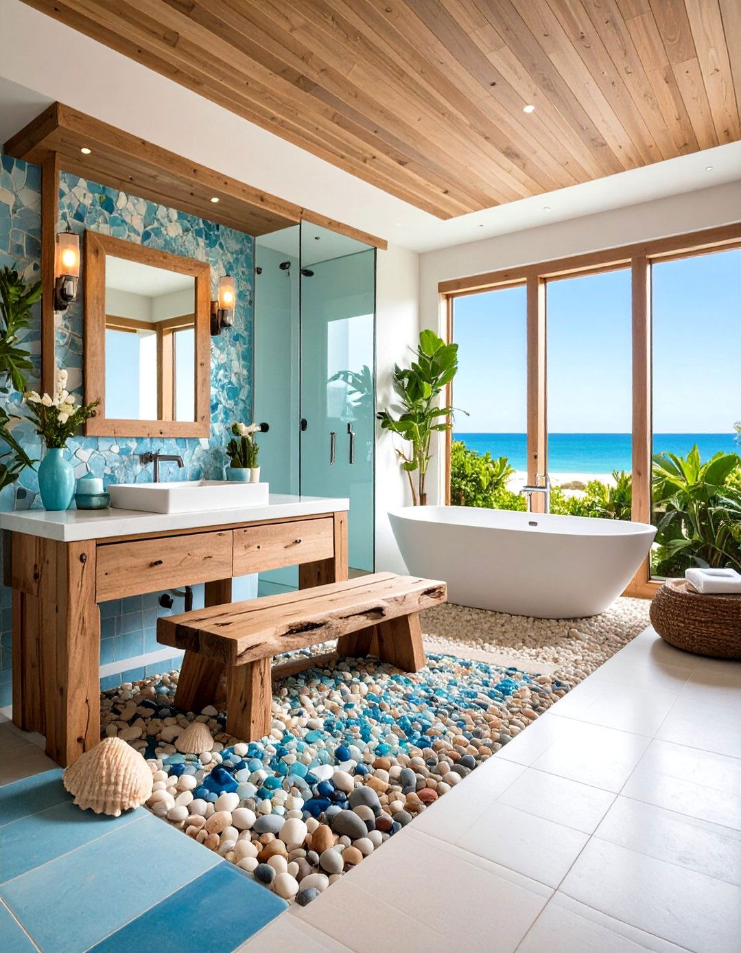 Coastal Walk in Shower with Driftwood Inspired Bench - 24 Walk in Shower Ideas With Bench