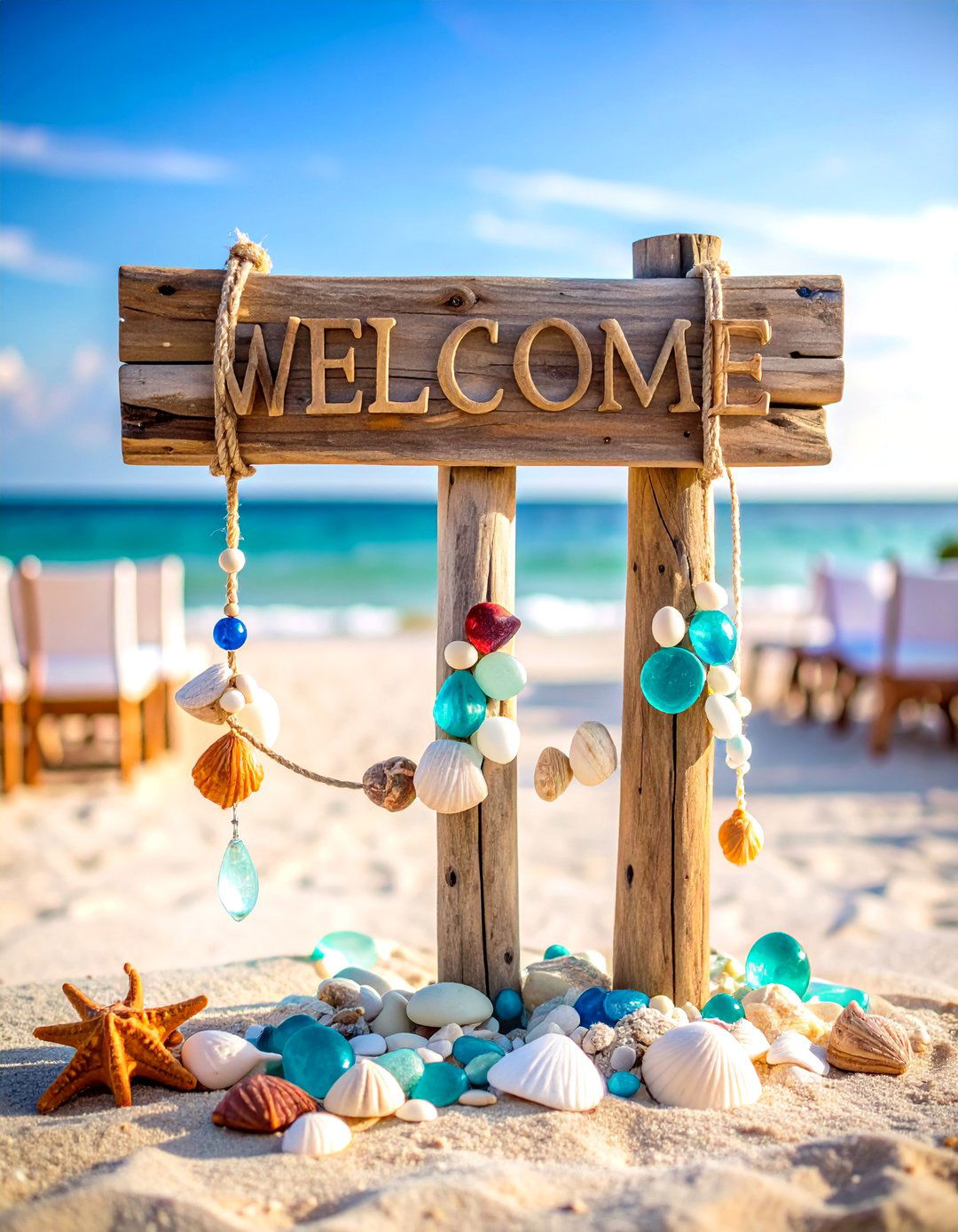 Coastal Wedding Welcome Sign with Driftwood and Sea Glass - 24 Wedding Welcome Sign Ideas