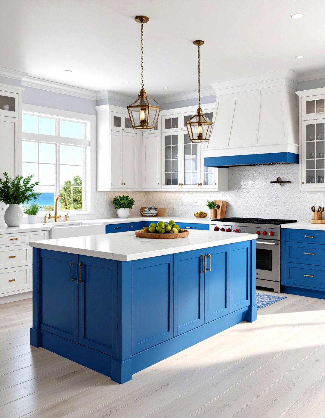 Coastal White Kitchen with Blue Accent Details - 24 Small White Kitchen Ideas