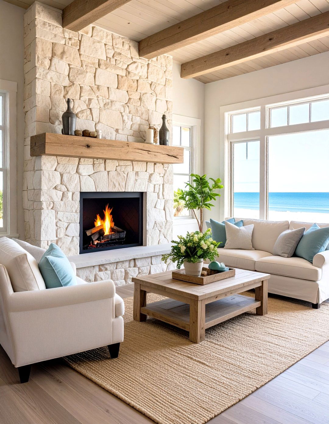 Coastal White Stone Beach House Style - 24 White Stone Fireplace Ideas