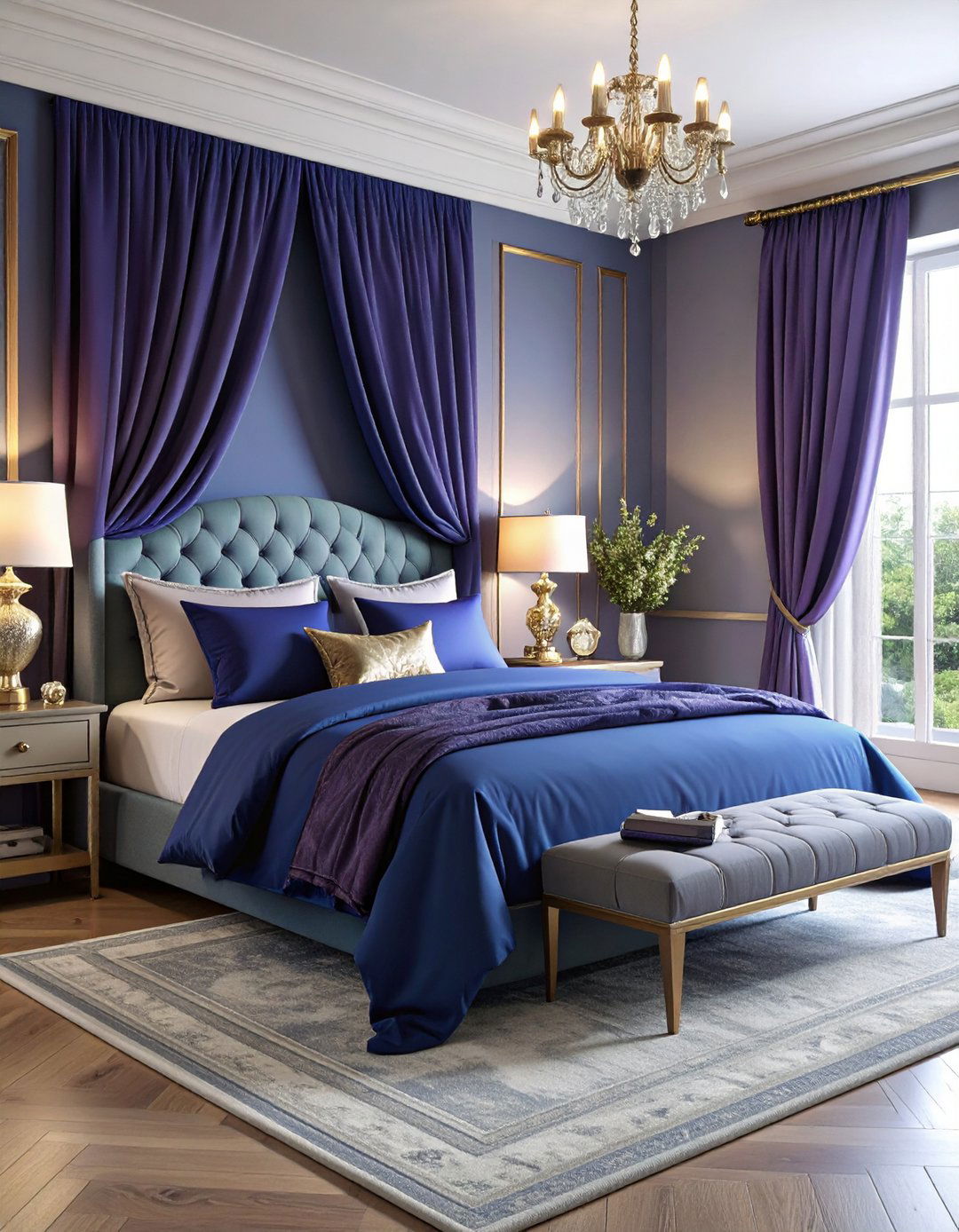 Cobalt Blue Bedding with Plum Curtains - 24 Blue and Purple Bedroom Ideas