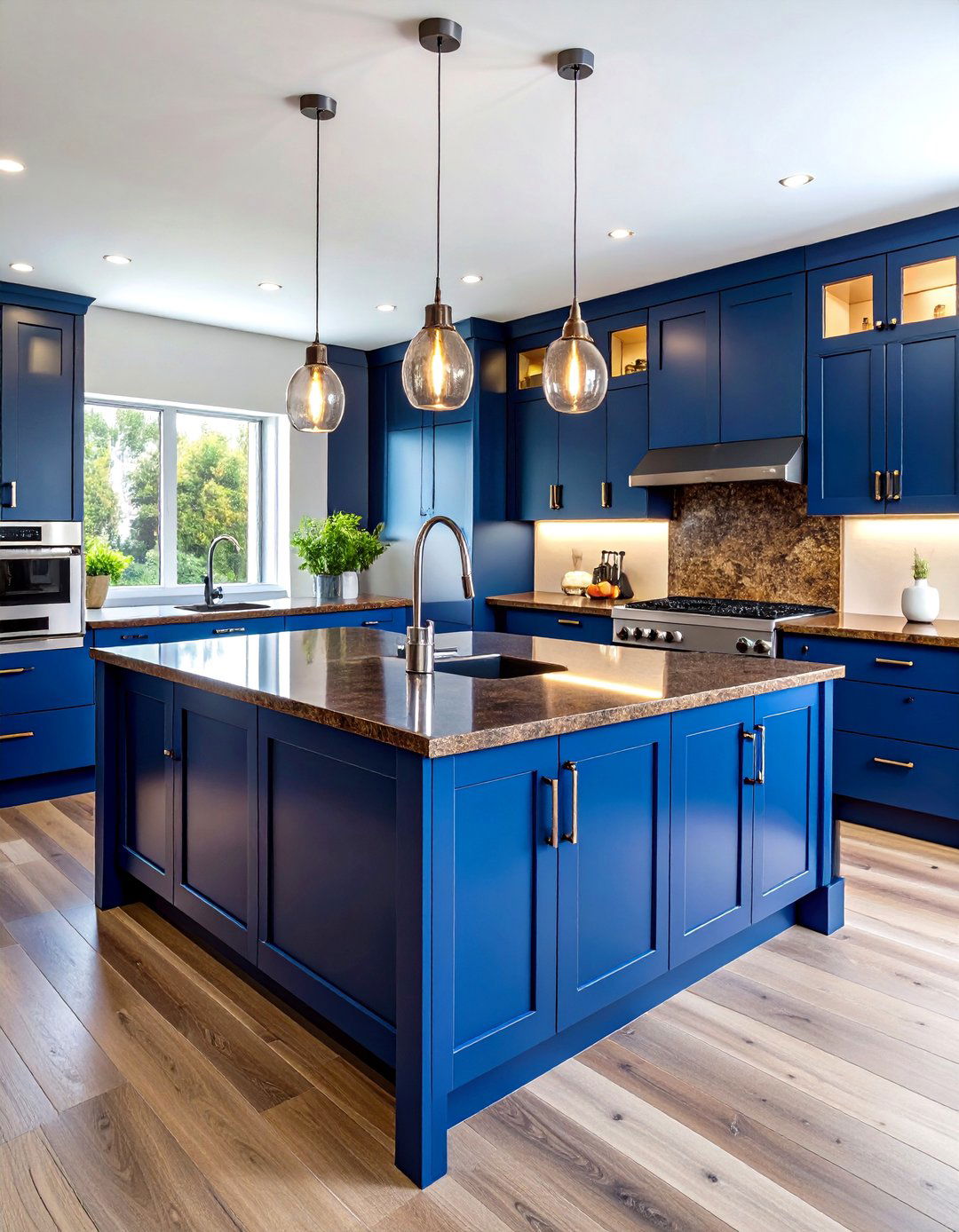 Cobalt Blue Flat Panel Cabinets with Coffee Brown Granite - 24 blue kitchen cabinets with brown granite countertops