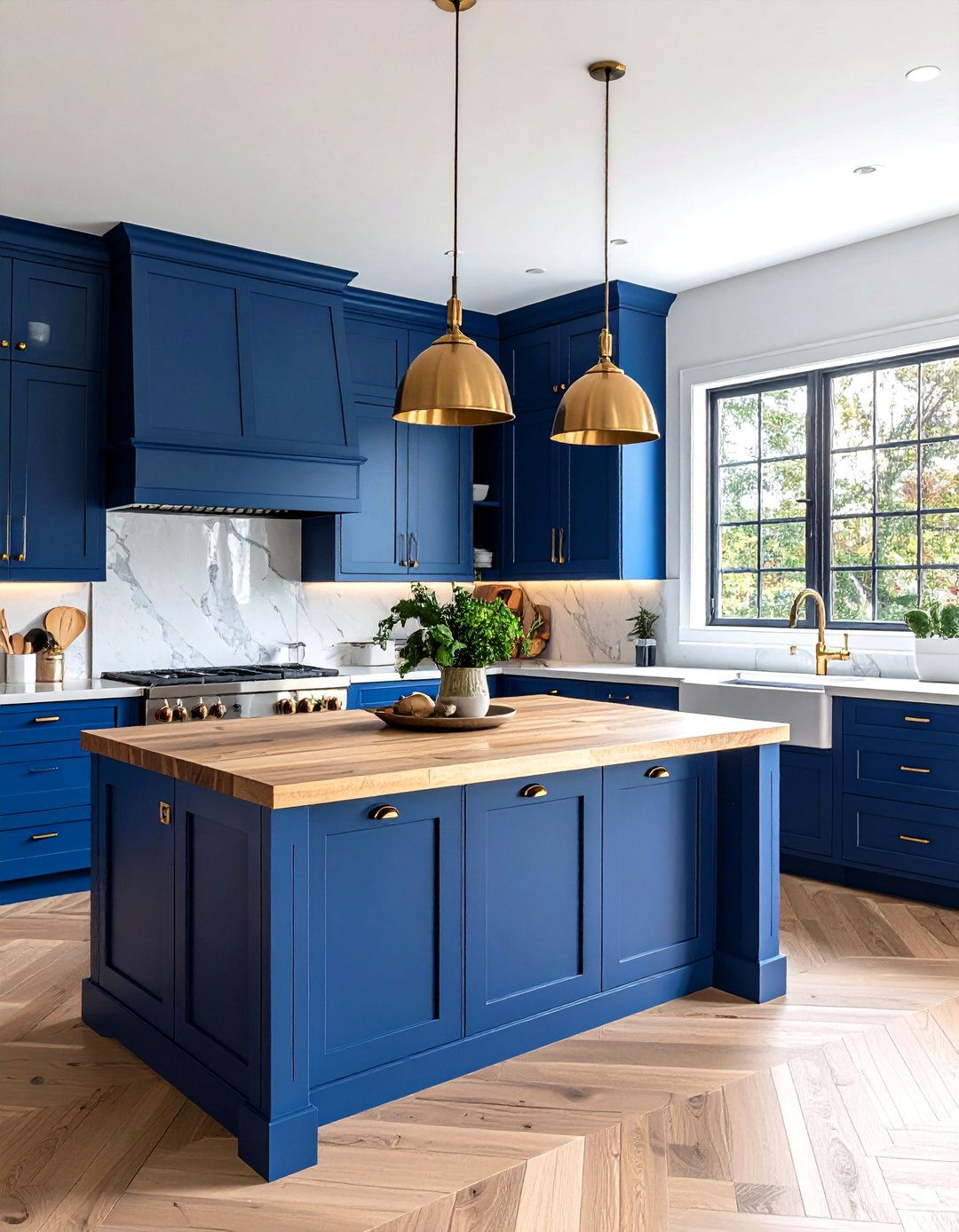 Cobalt Blue Island with Antique Brass Details - 24 blue kitchen cabinets with gold hardware