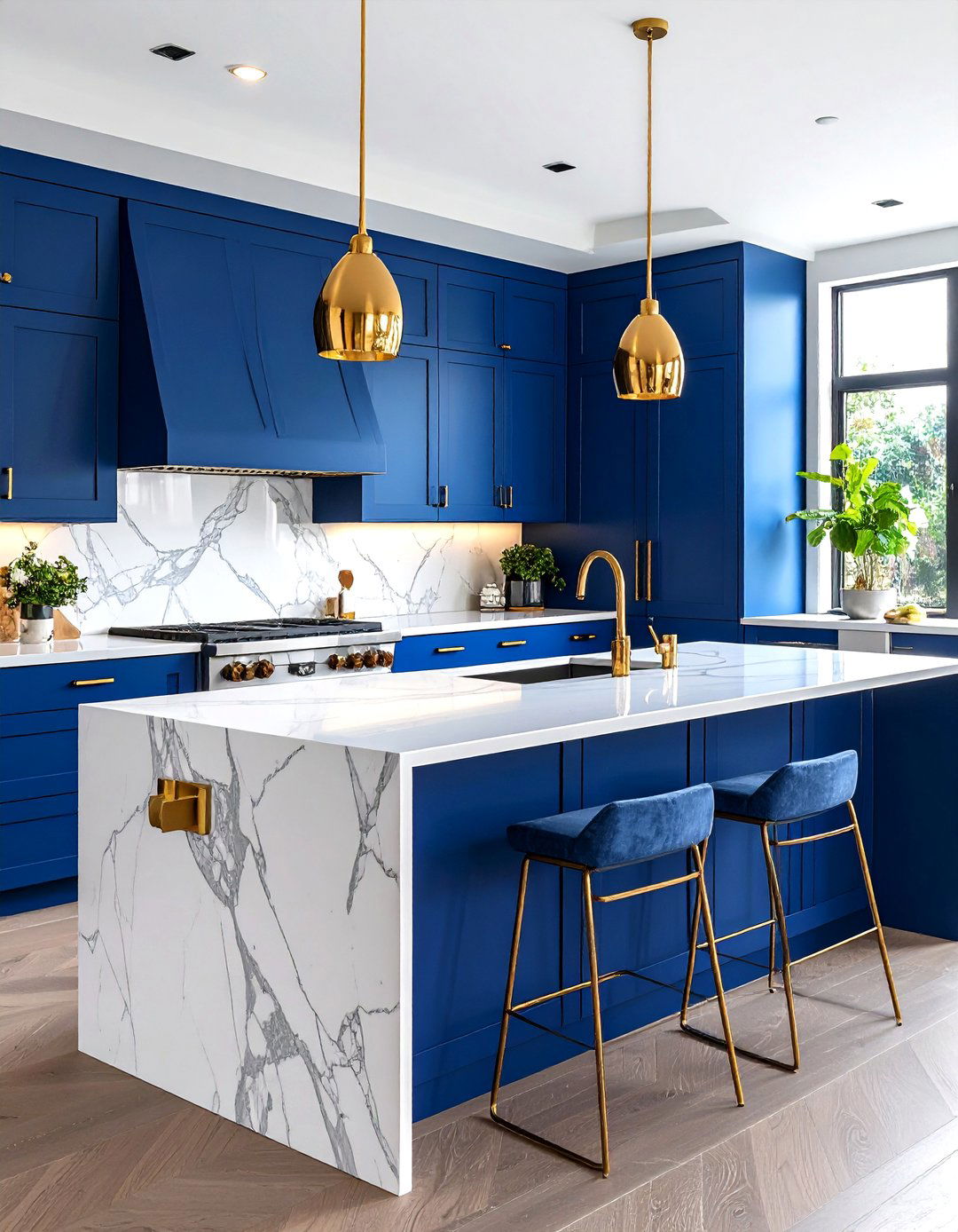 Cobalt Blue Kitchen Island with White Marble Waterfall Edge - 24 Blue and White Kitchen Ideas