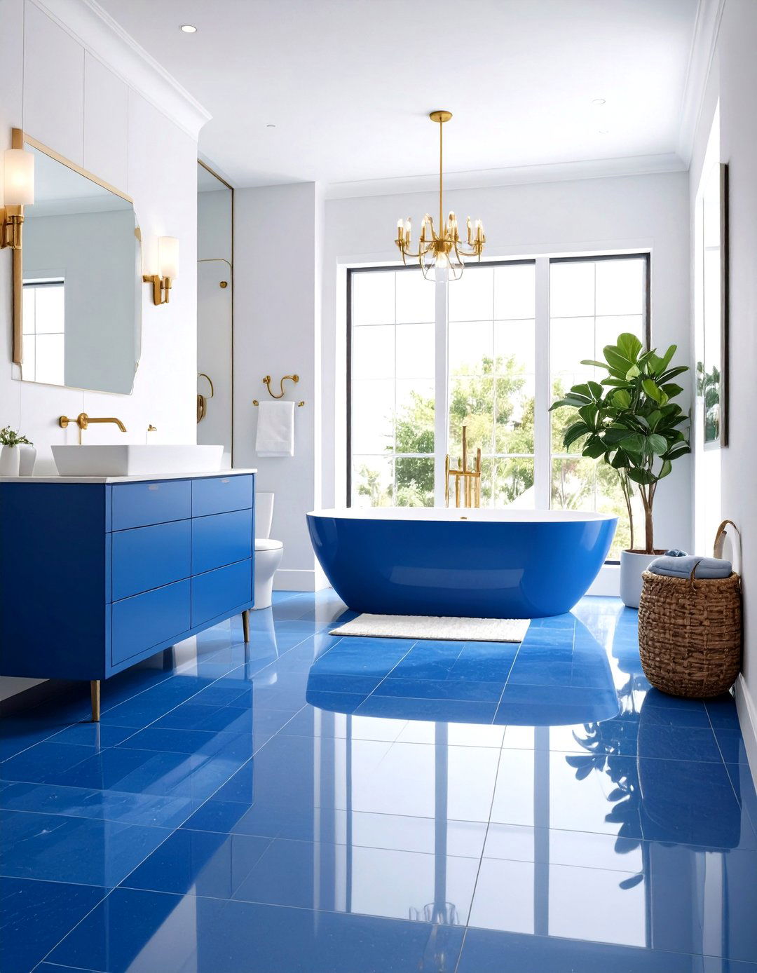 Cobalt Blue Statement Bathroom Floor - 24 Blue Tile Bathroom Ideas