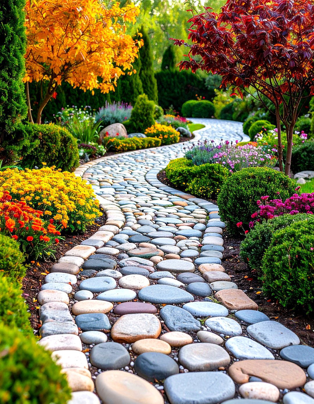 Cobblestone Curved Garden Paths - 24 Stone Walkway Ideas
