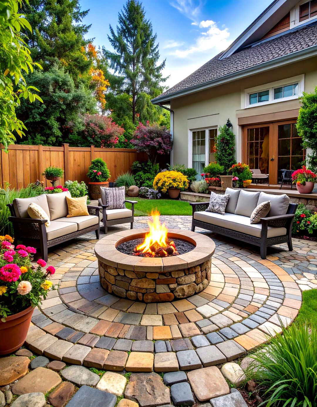 Cobblestone Patio with Traditional Fire Pit - 24 Stone Patio With a Fire Pit Ideas