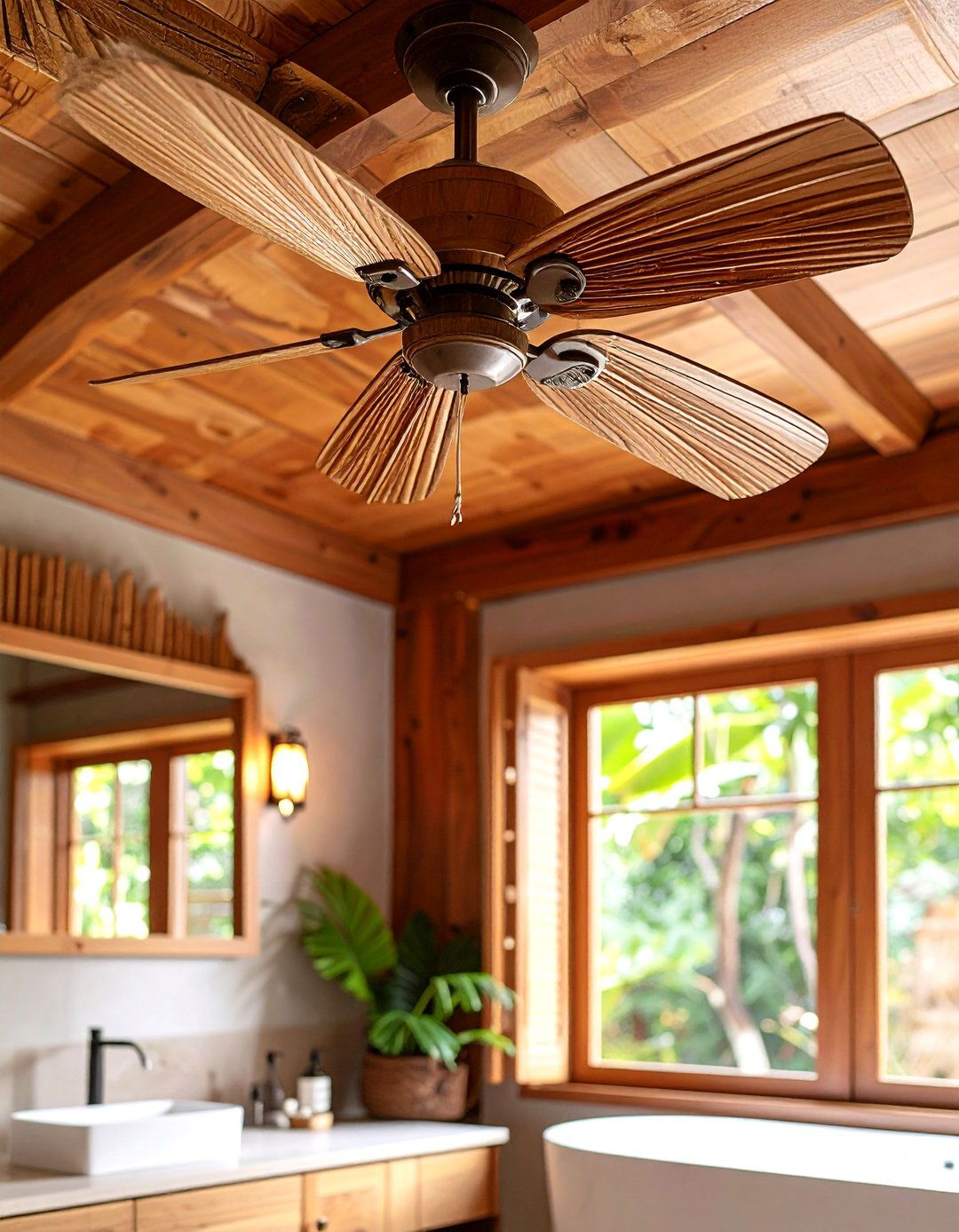 Coconut Palm Ceiling Fan Comfort - 24 Tropical Bathroom Ideas