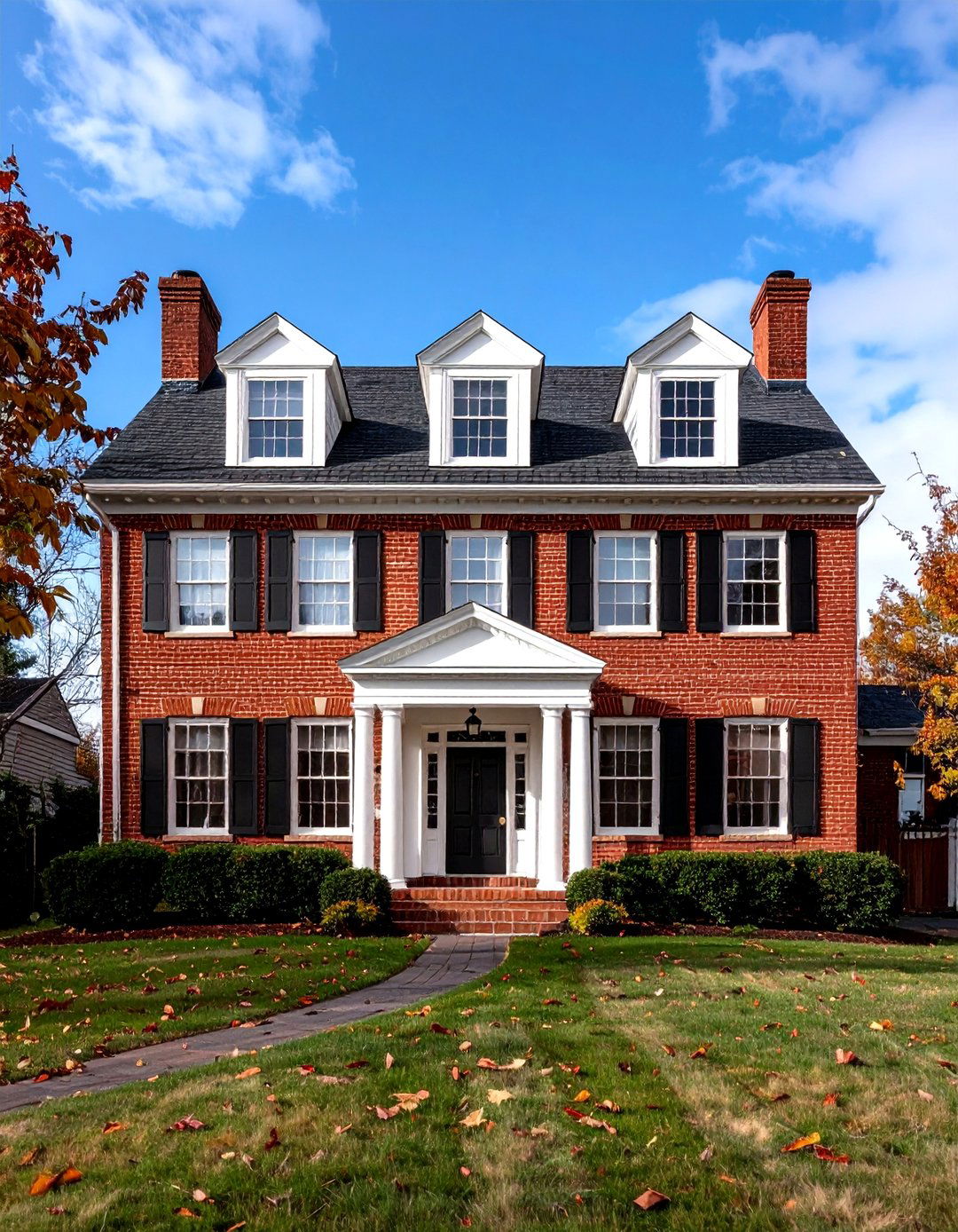 Colonial Brick with Limestone Trim Details - 24 Aesthetic House Exterior Ideas