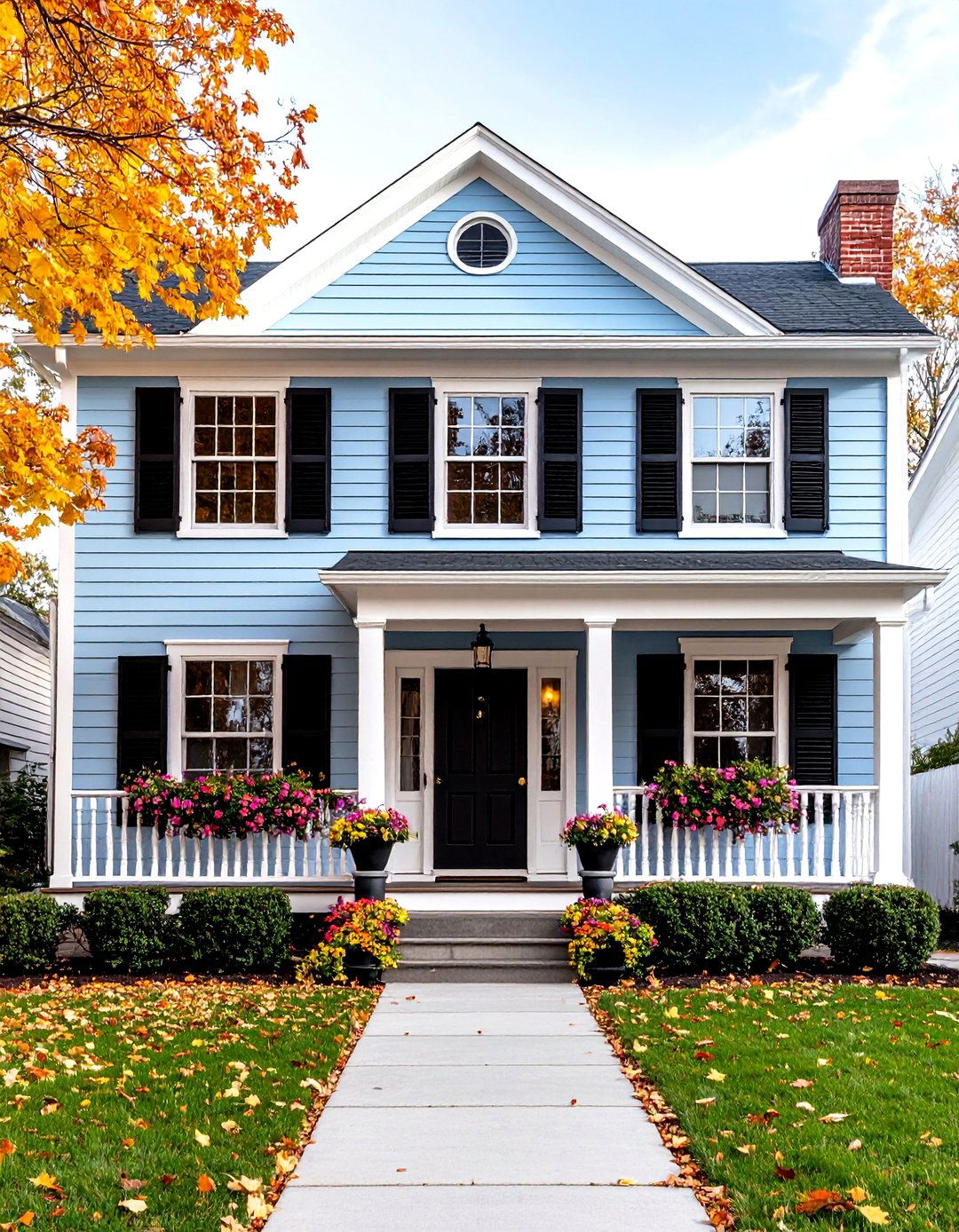 Colonial Light Blue with Black Shutters - 24 light blue house exterior ideas