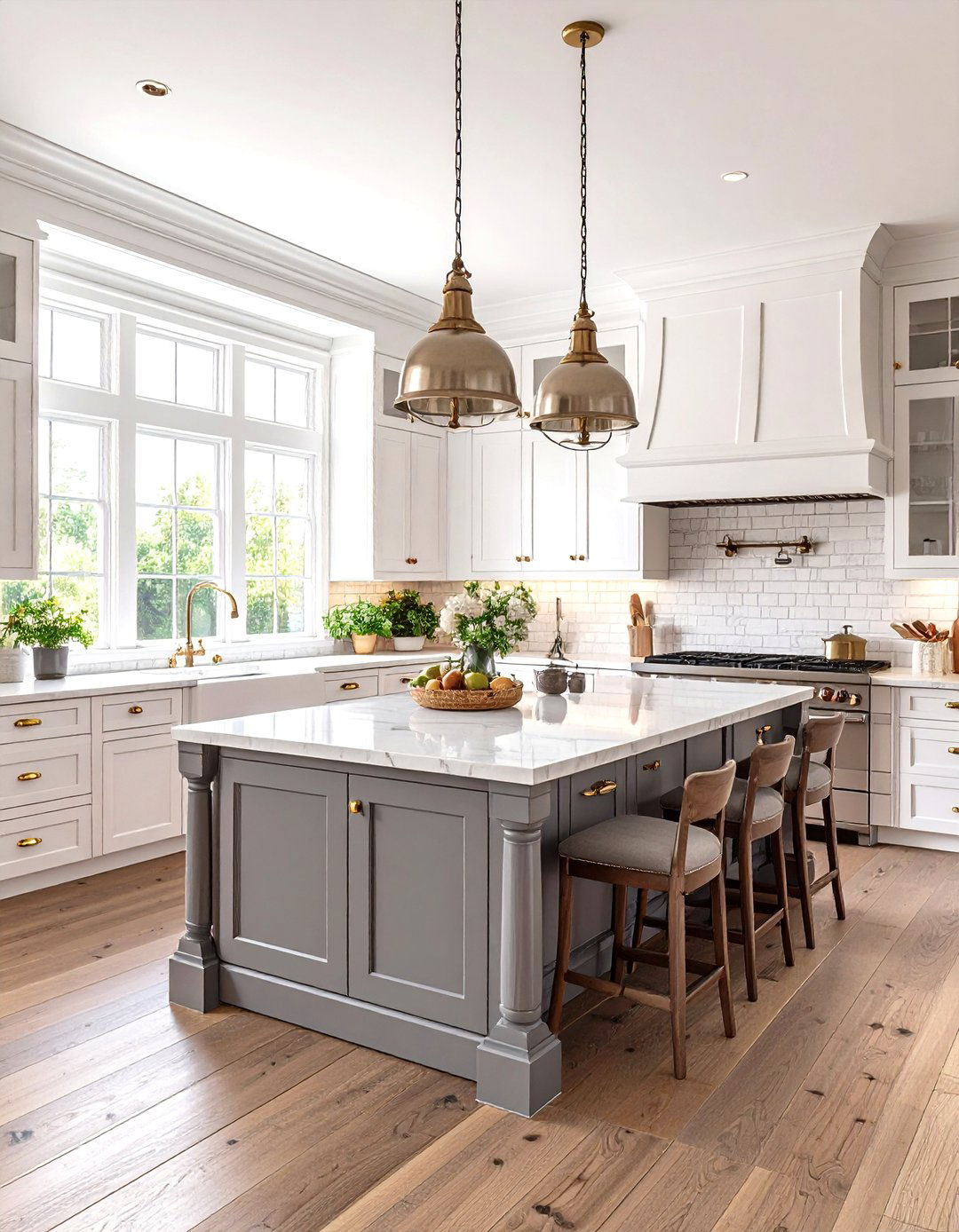 Colonial Revival White Kitchen With Williamsburg Grey Island - 24 White Kitchen Cabinets With Grey Island Ideas