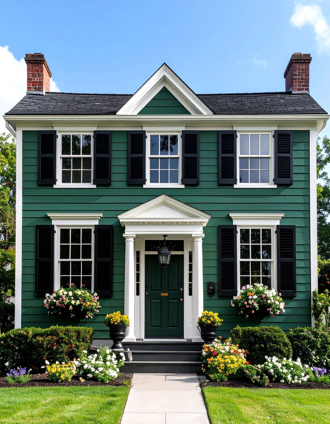 Colonial Style Dark Green with Black Shutters and Trim - 24 Dark Olive Green House With Black Trim