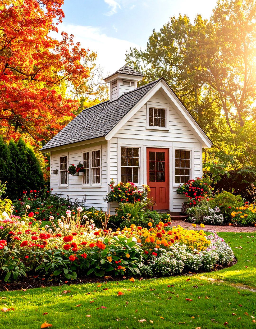 Colonial Style Greenhouse Shed with Symmetrical Design - 24 Greenhouse and Shed Combo Ideas