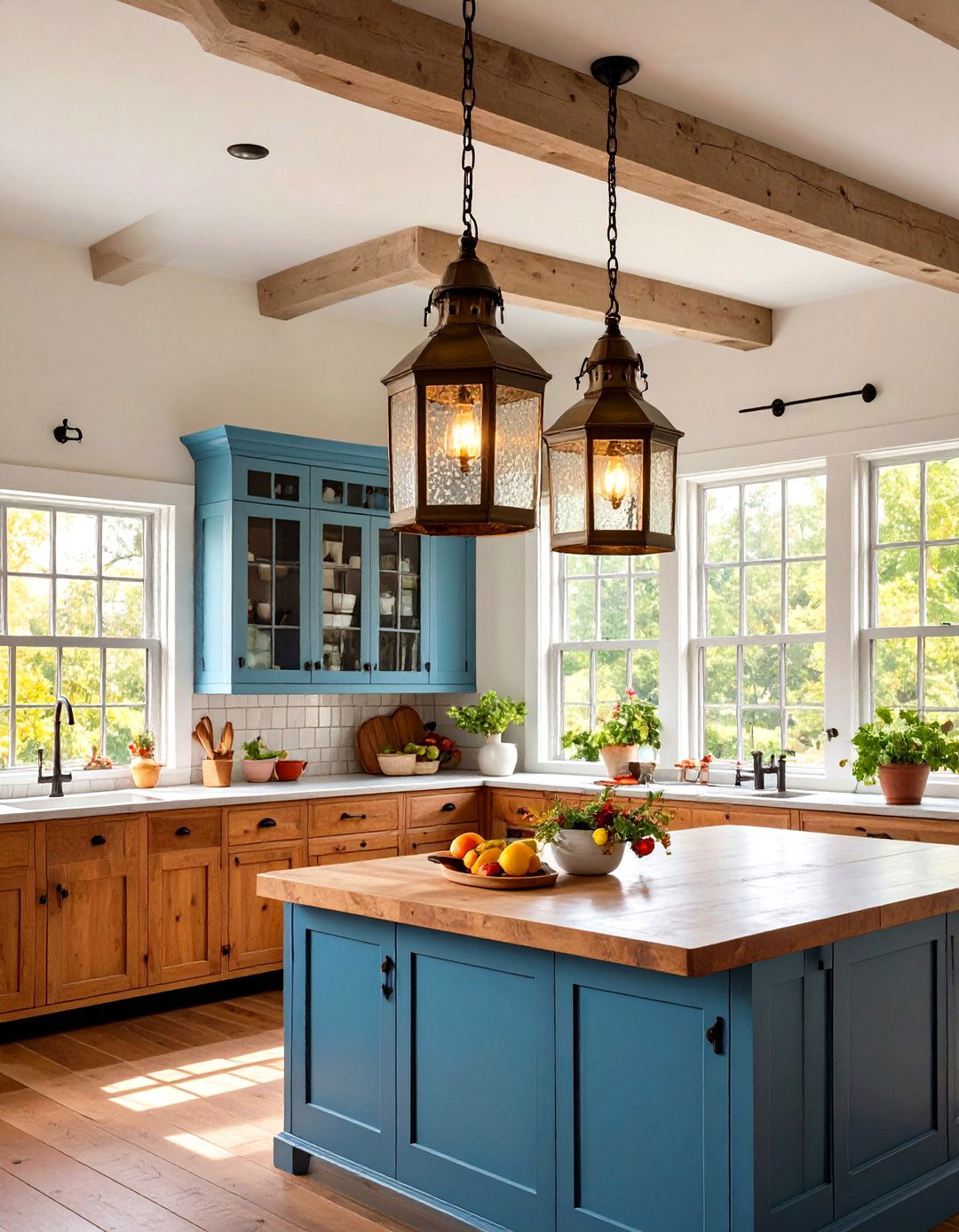 Colonial Style Pendant Lighting - 24 Primitive Kitchen Ideas