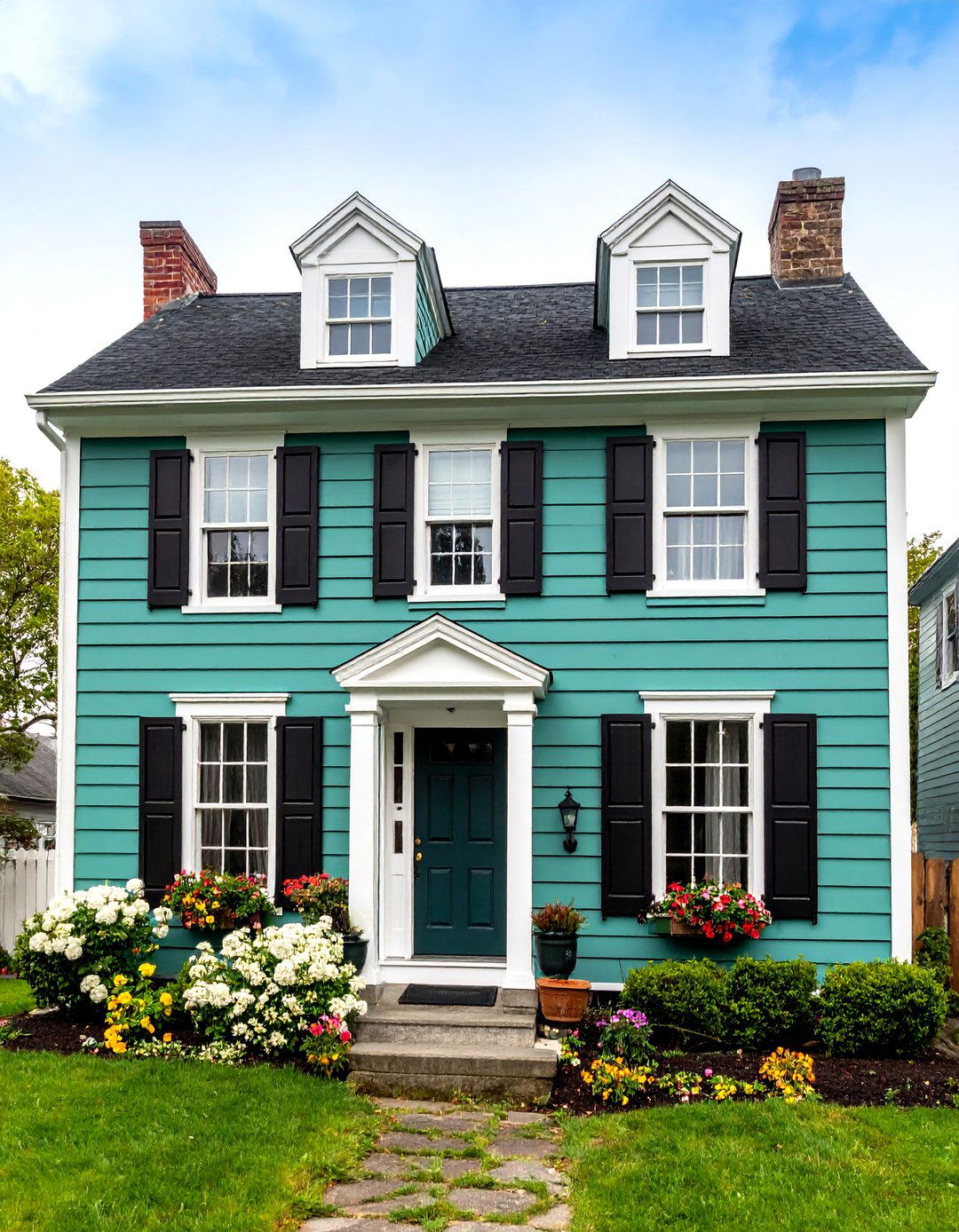 Colonial Style Sage Green Siding With Black Shutters - 24 Sage Green House With Black Trim Ideas