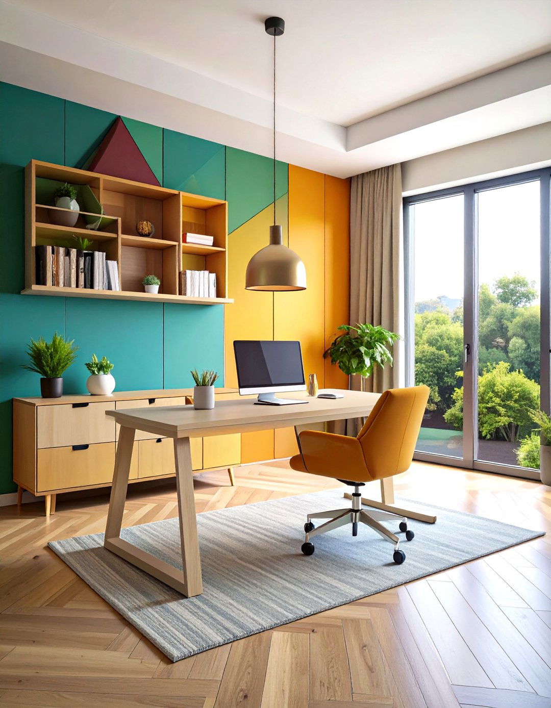 Color Blocked Home Office with Bold Accent Walls - 24 Small Home Office Ideas