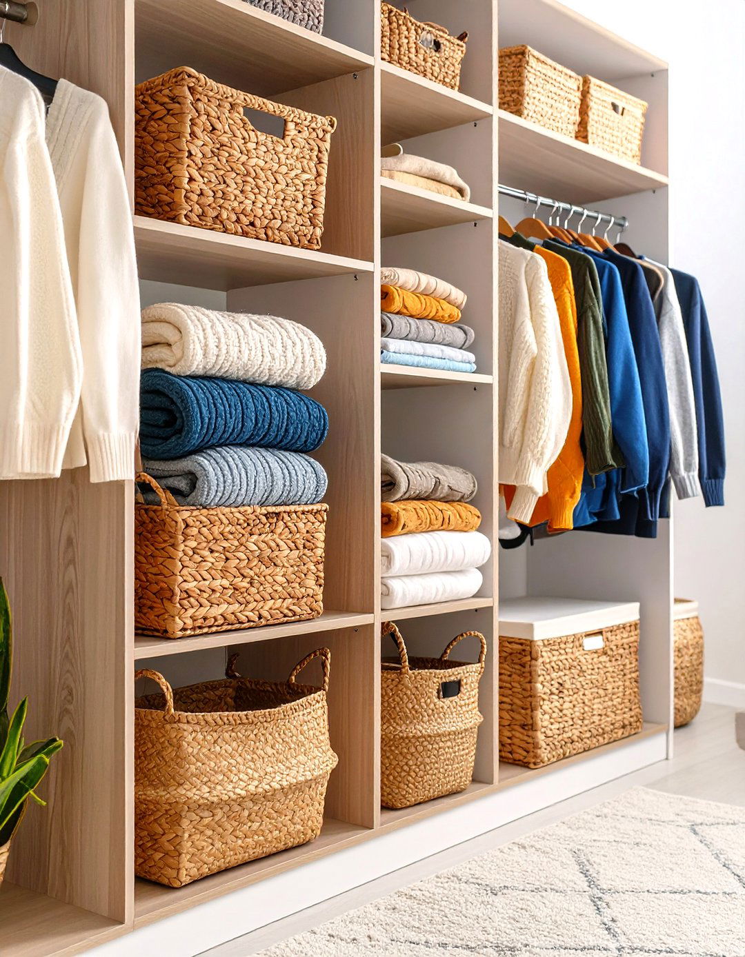 Color Coded Basket System with Woven Natural Materials - 24 sweater storage ideas