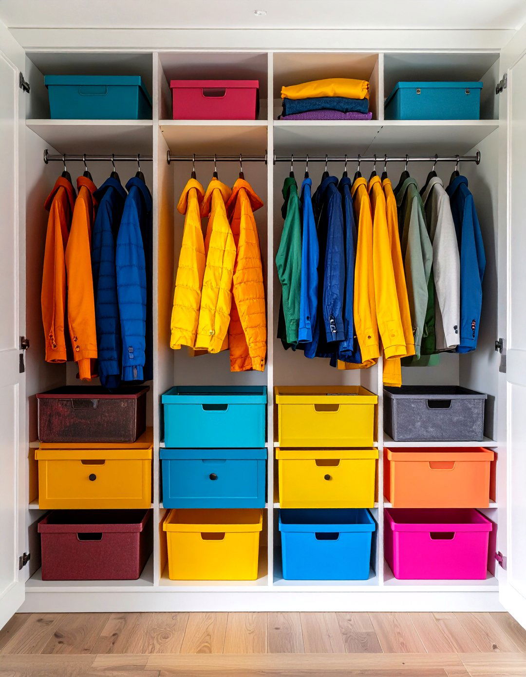 Color Coded Organization Coat Closet System - 24 Coat Closet Ideas