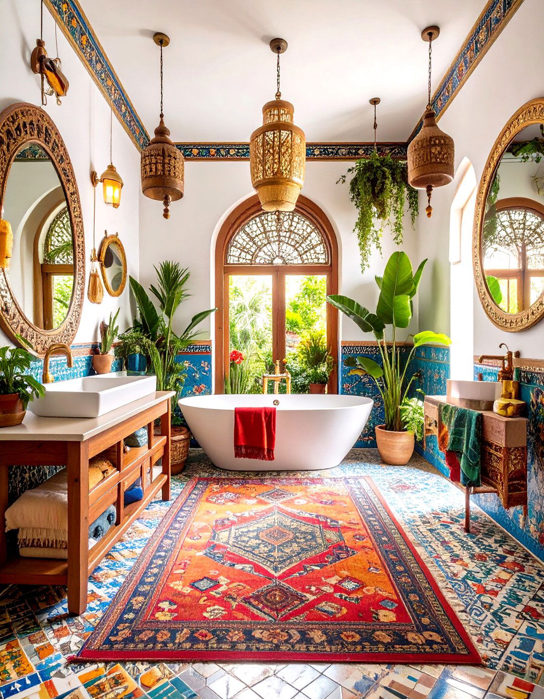 Colorful Boho Windowless Bathroom with Global Influences - 24 Windowless Bathroom Ideas