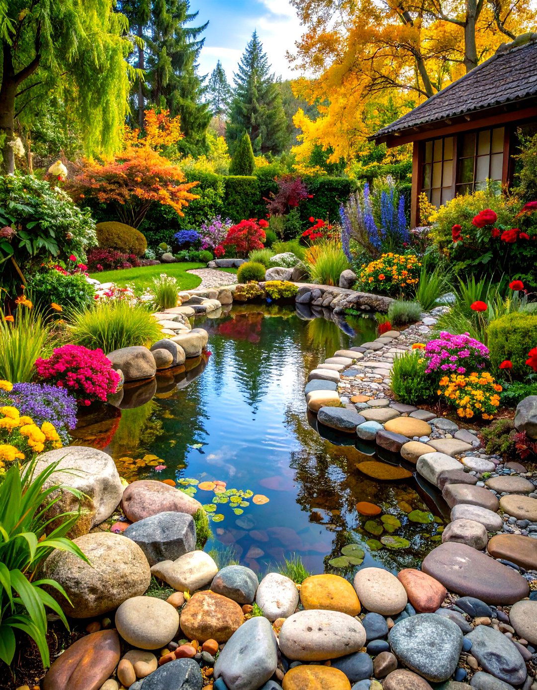 Colorful Cobblestone Pattern - 24 Pond Edging Ideas