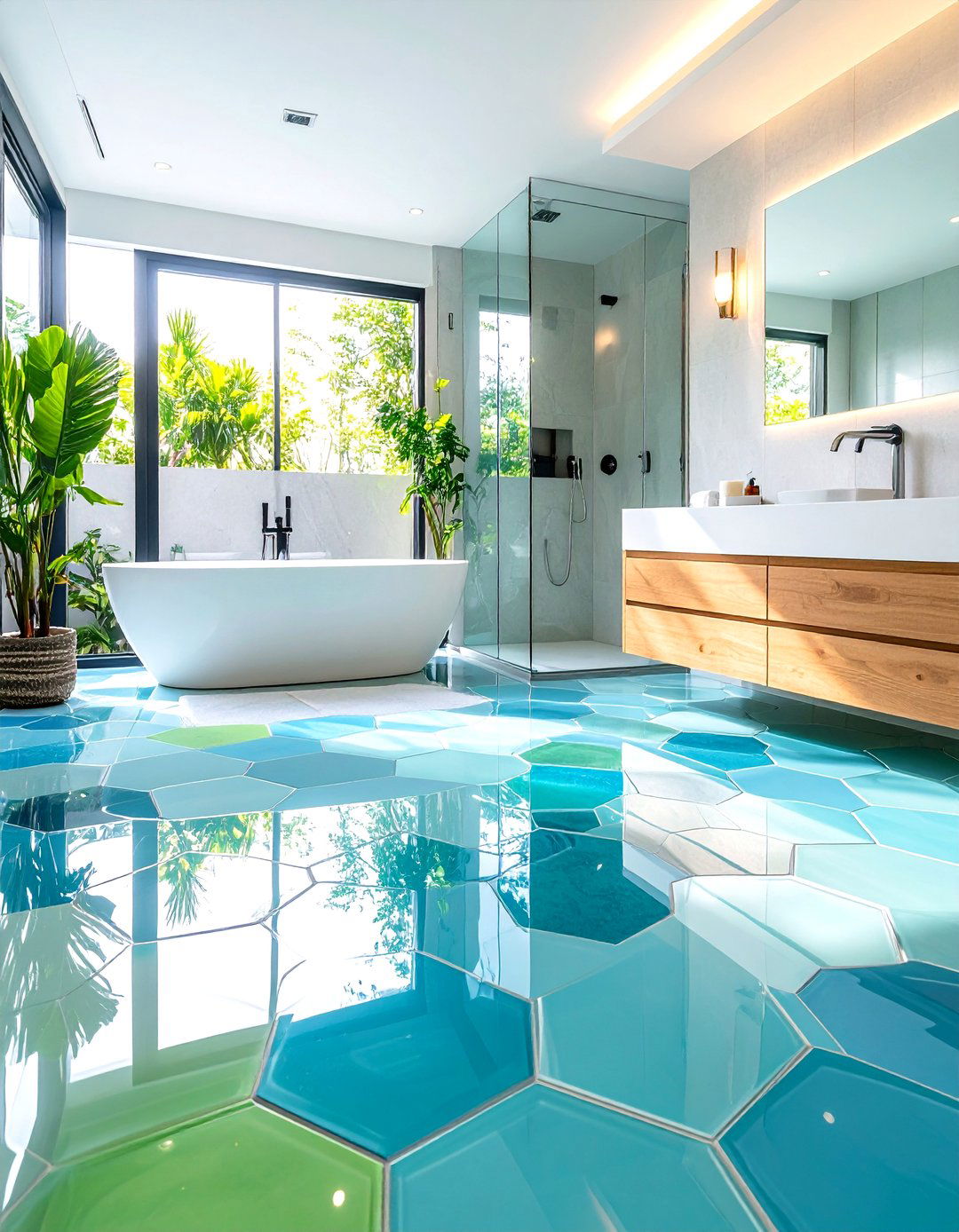 Colorful Glass Hexagon Bathroom Floors - 24 Bathrooms With Hexagon Tile Floors