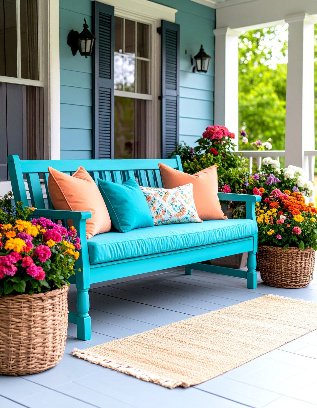 Colorful Painted Wood Bench - 24 Front Porch Bench Ideas