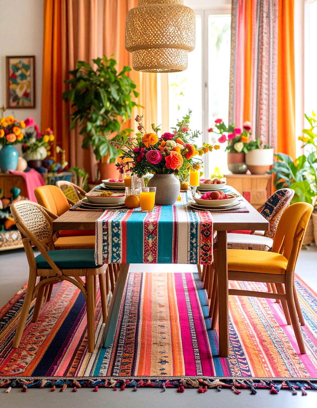 Colorful Pattern Mixing - 24 Dining Room Table Decor Ideas
