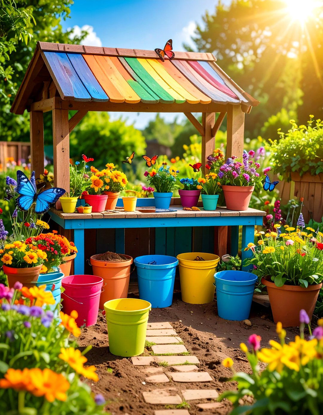 Colorful Rainbow Themed Mud Kitchen with Bright Accents - 24 Mud Kitchen Ideas