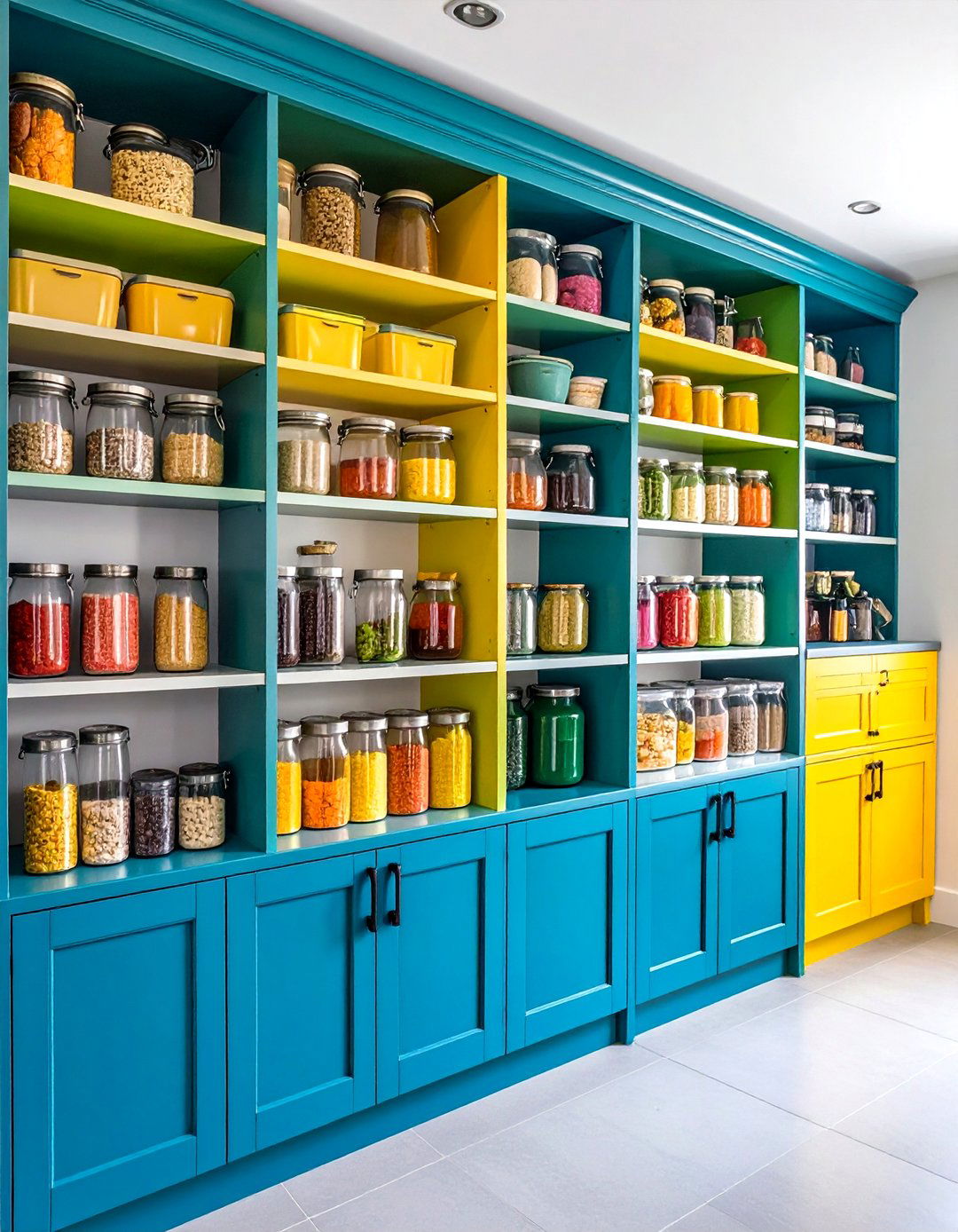 Colorful Statement Pantry with Bold Painted Shelves - 24 Open Pantry Ideas
