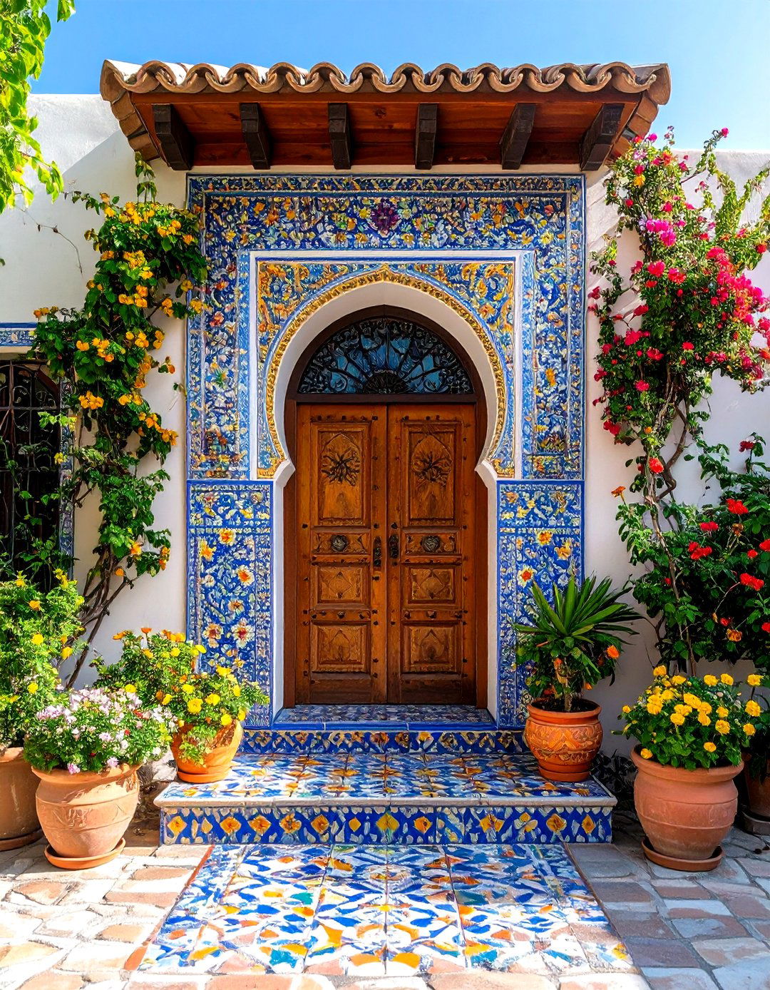 Colorful Tile Accent with Neutral Background - 24 Mediterranean House Exterior Ideas