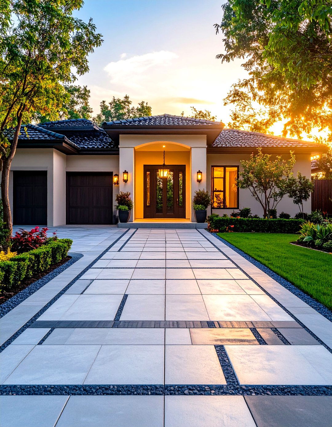 Combination Pattern Concrete Driveway - 24 Concrete Driveway Ideas