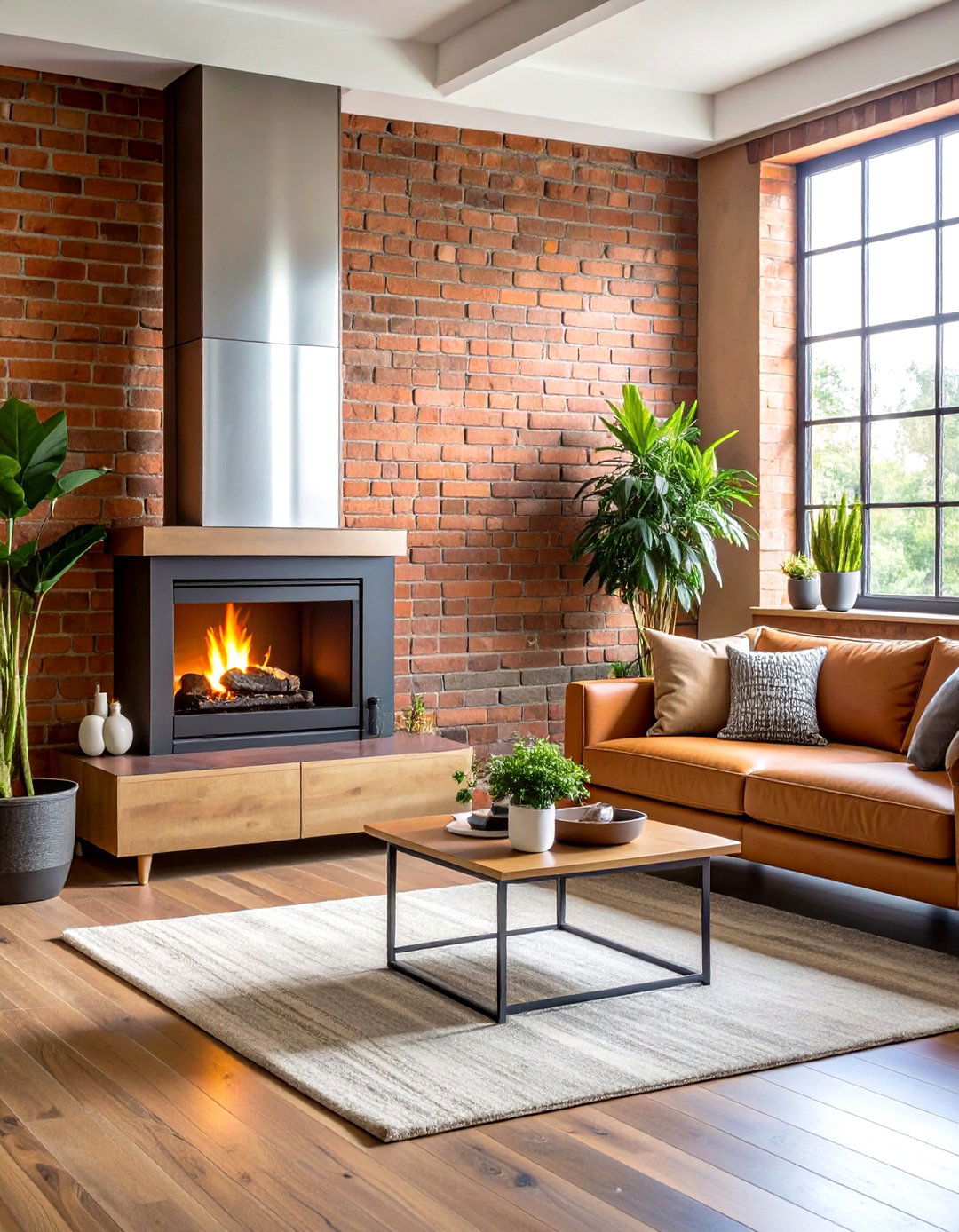 Combined Metal and Brick Fireplace - 24 Mid-century Modern Fireplace Ideas