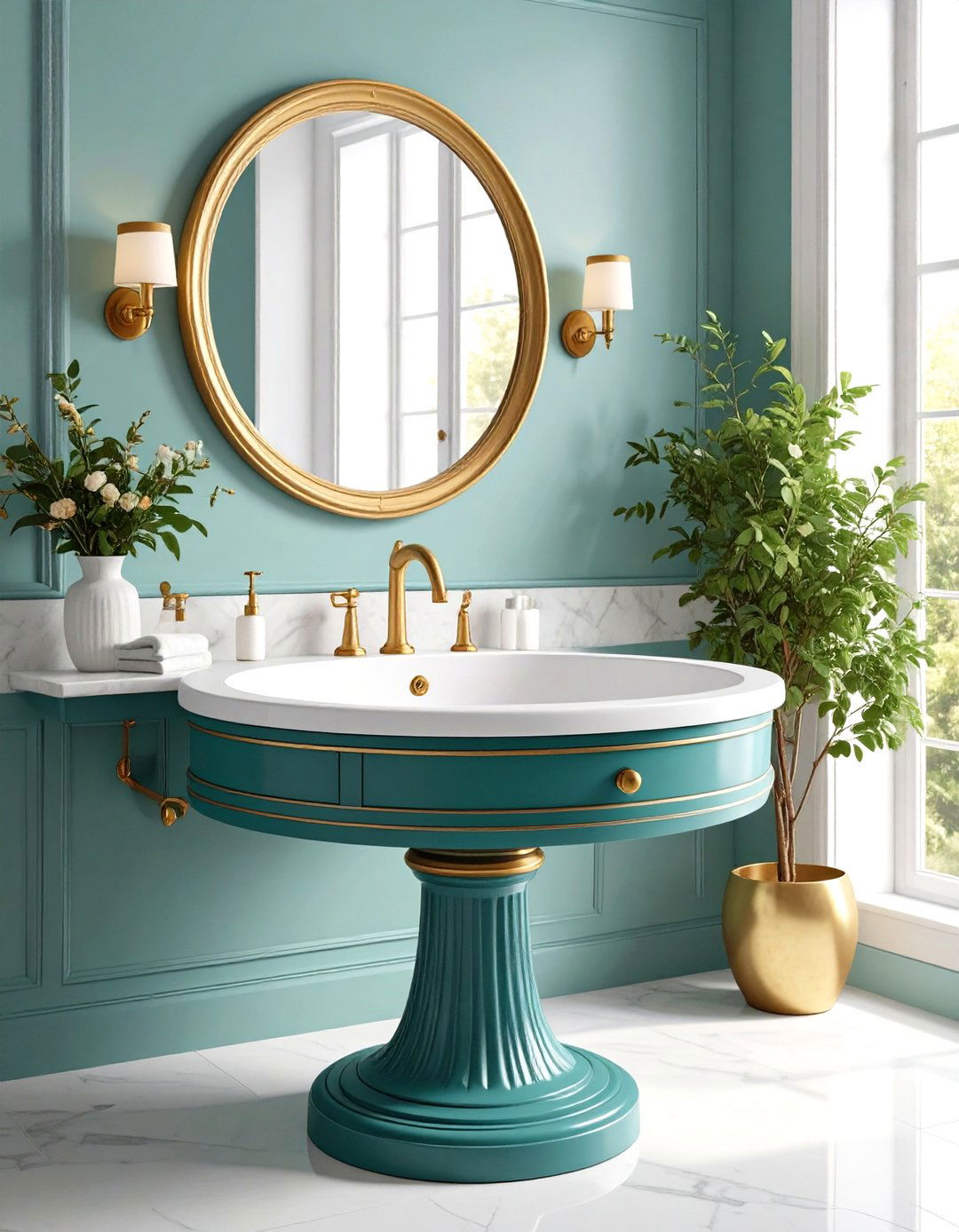 Compact Round Pedestal Sink with Vintage Details - 24 Small Bathroom Sink Ideas