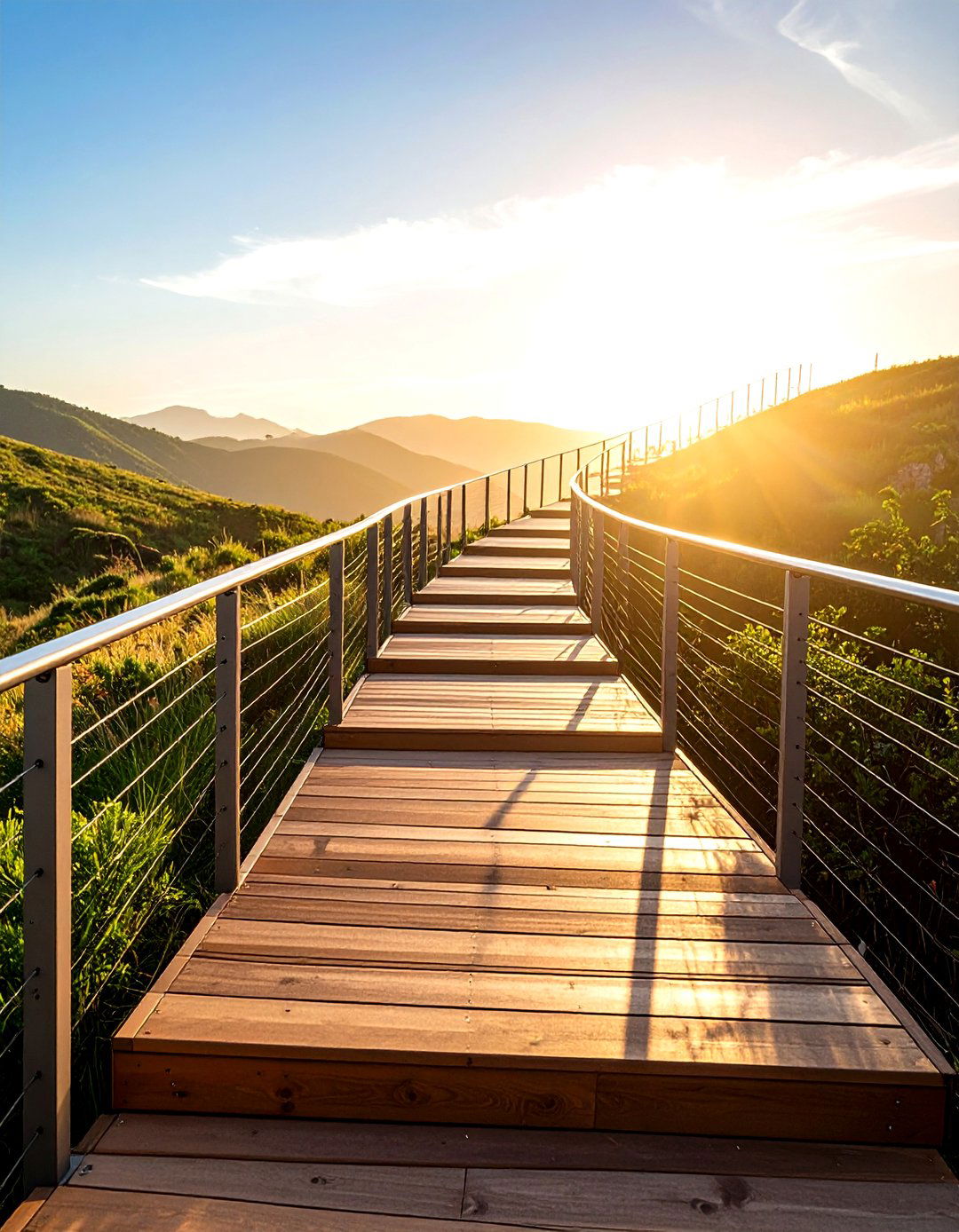 Composite Deck Steps with Cable Railings - 24 Sloped Walkway Ideas