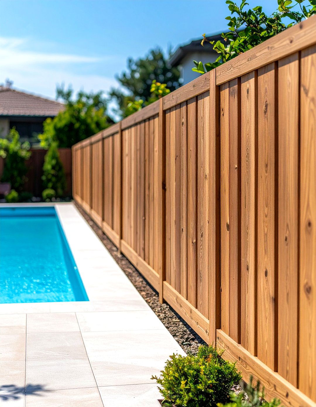Composite Privacy Pool Fence with Wood Grain Texture - 24 Pool Fence Ideas