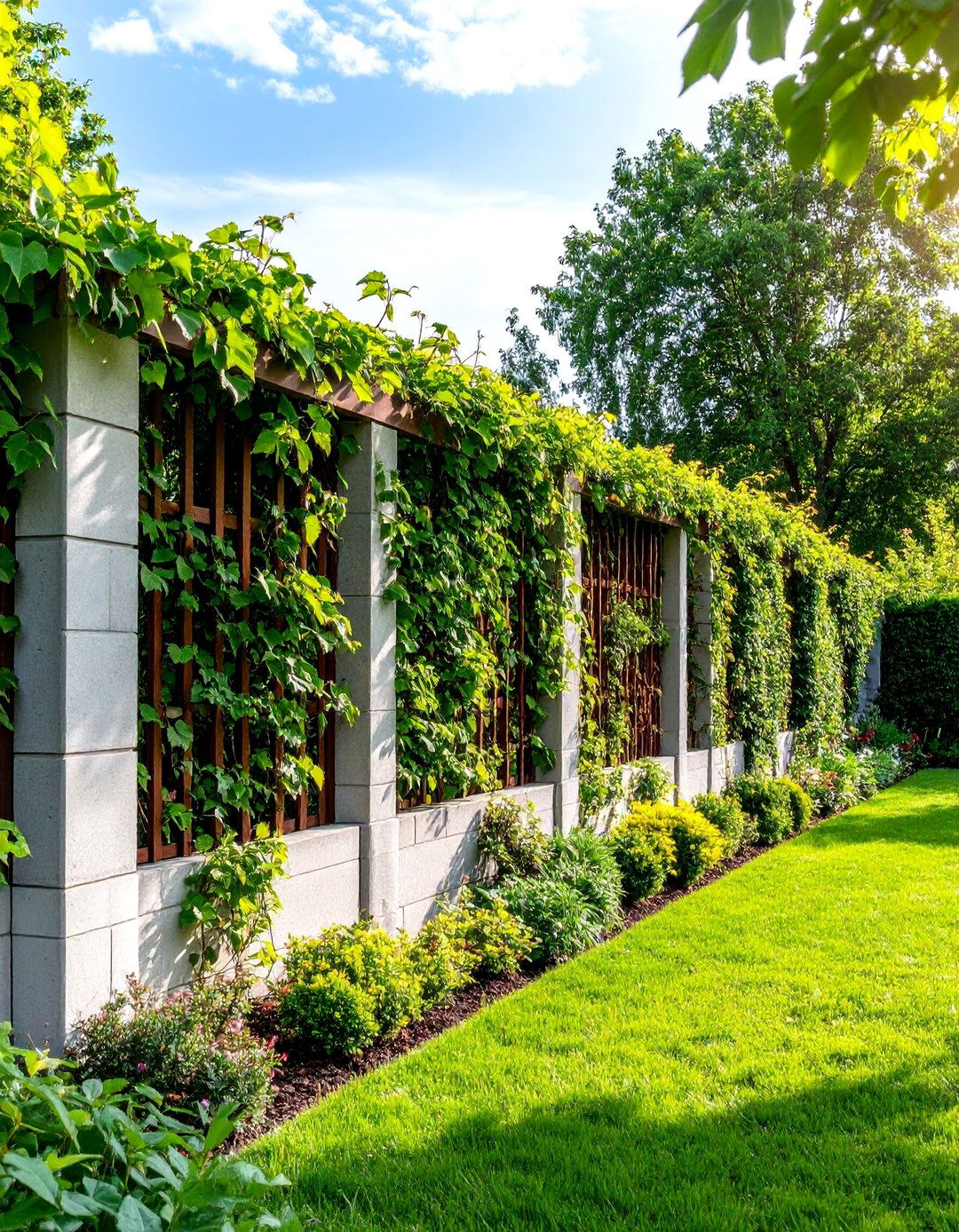 Concrete Block Fence with Climbing Vines - 24 Concrete Block Fence Ideas