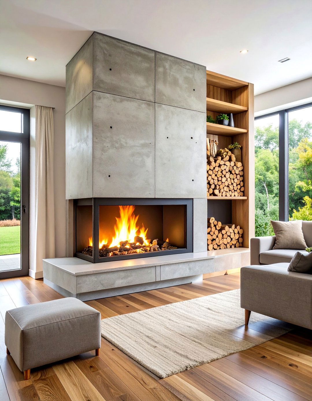Concrete Fireplace with Integrated Wood Storage - 24 Concrete Fireplace Ideas