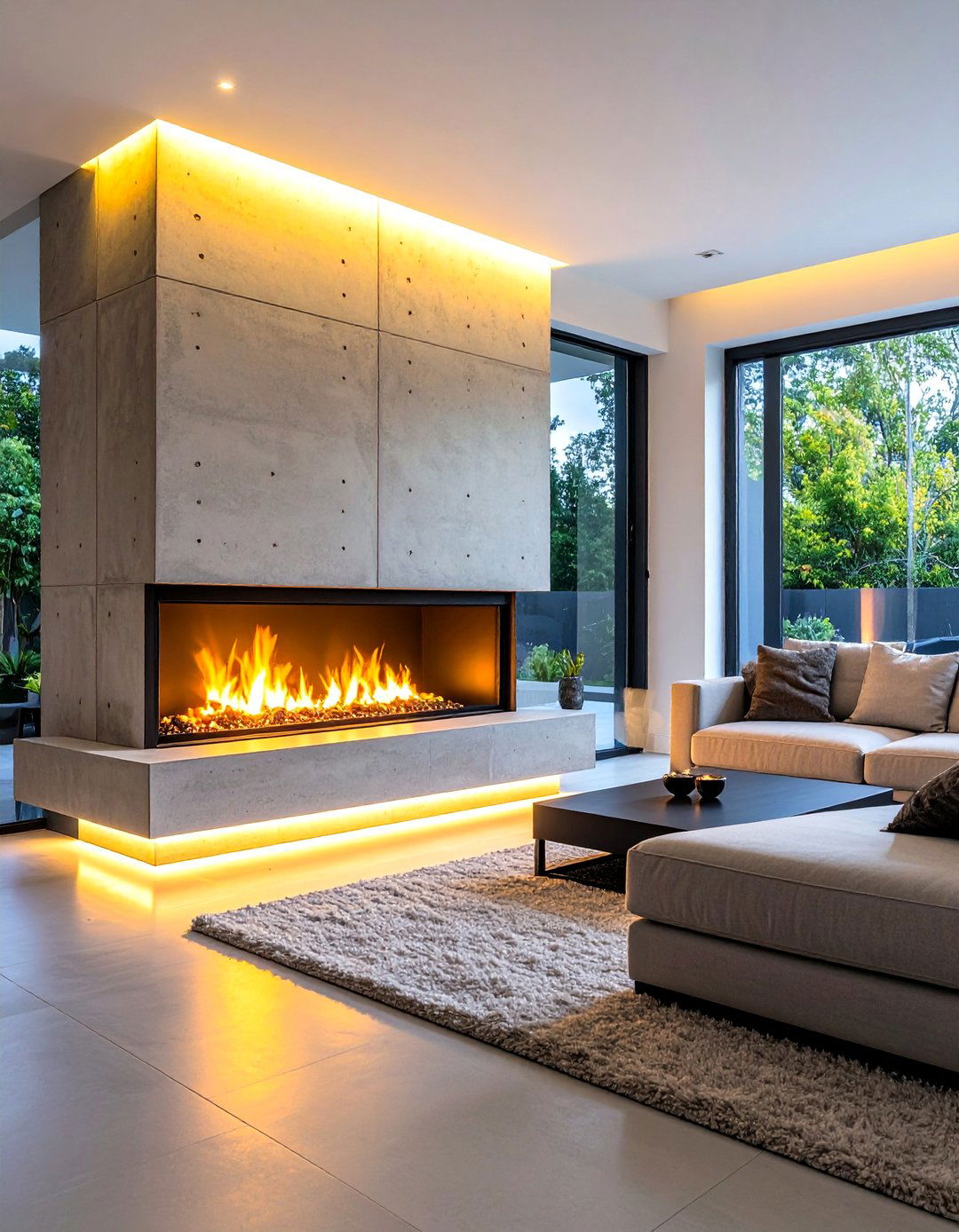 Concrete Fireplace with LED Accent Lighting - 24 Concrete Fireplace Ideas