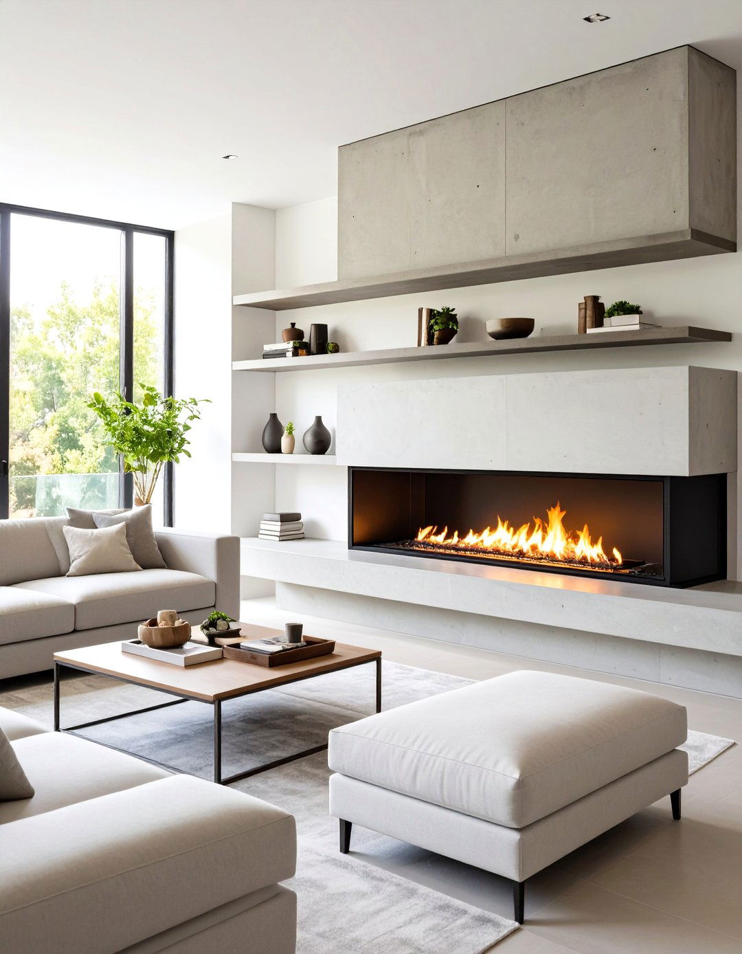 Concrete Floating Shelves with Modern Linear Fireplace - 24 Fireplace Floating Shelves Design Ideas