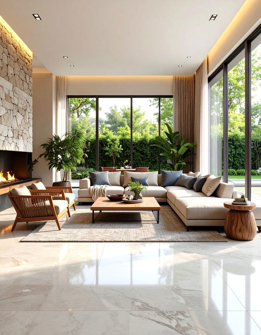 Concrete Floor with Natural Stone Inlay Patterns - 24 Concrete Floor Living Room Ideas