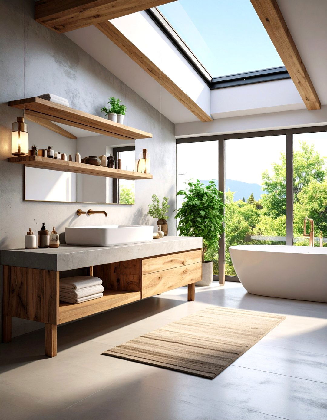 Concrete Vanity Bathroom with Warm Wood Accents - 24 Japandi Bathroom Ideas