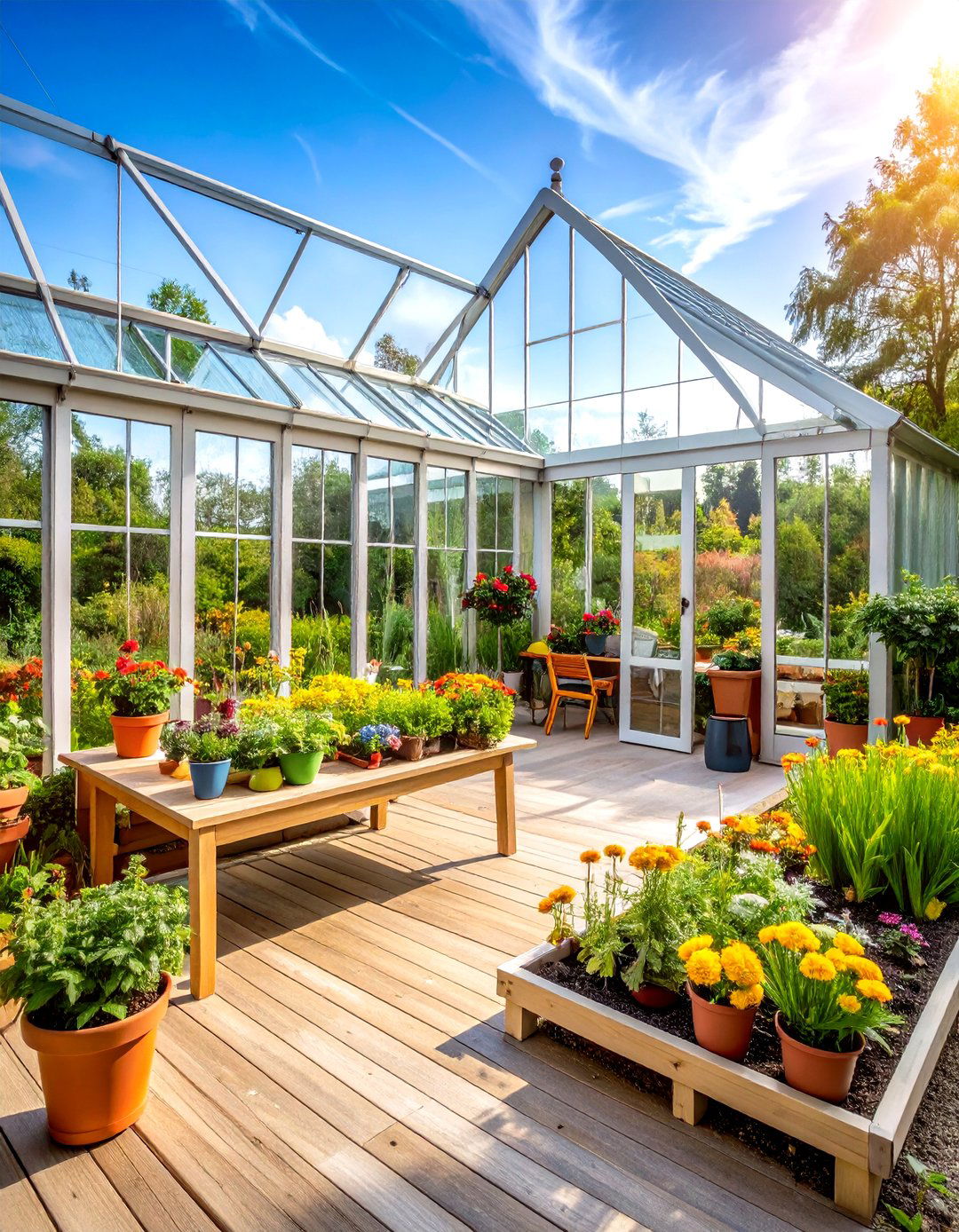 Conservatory Style Greenhouse Sunroom with Potting Deck - 24 Sunroom and Deck Combo Ideas