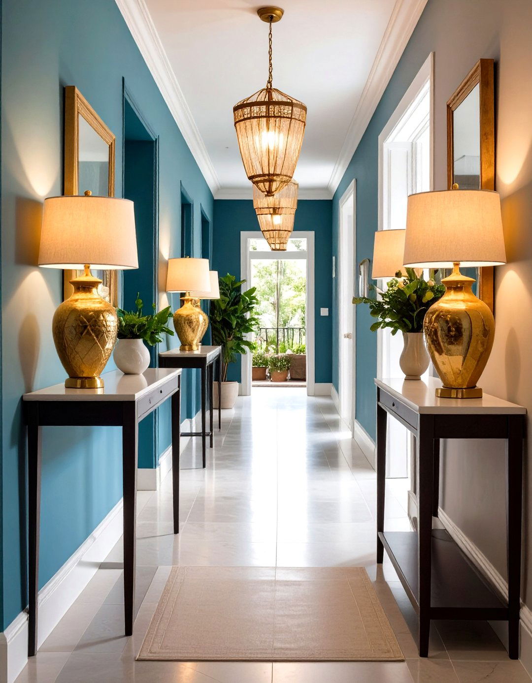 Console Table Lamp Arrangement - 24 Narrow Hallway Lighting Ideas