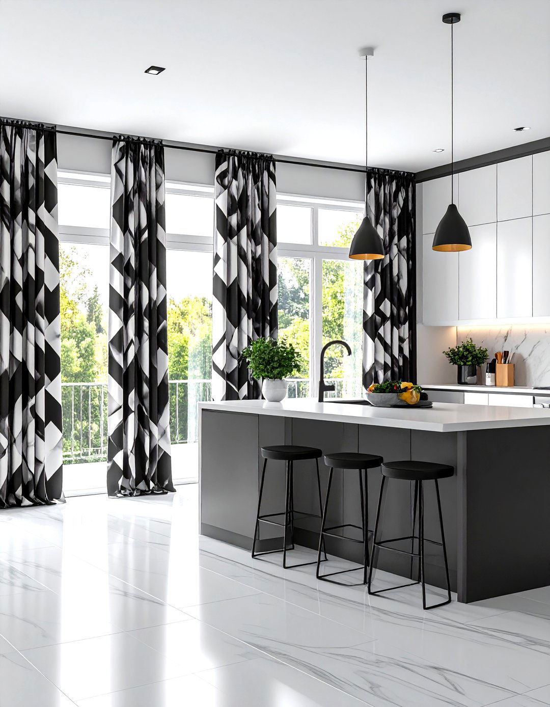Contemporary Abstract Print Curtains in Monochrome - 24 Kitchen Curtain Ideas