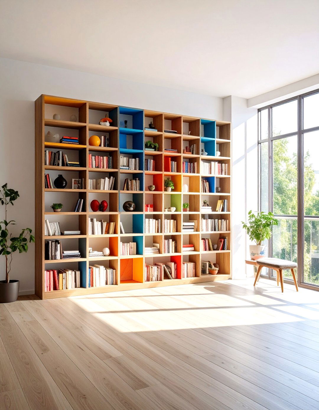 Contemporary Asymmetrical Bookcase Design - 24 Bookcases Around Window Design Ideas